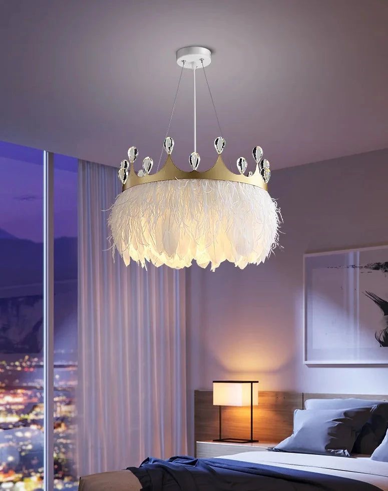 Elegant White Feather Crown Crystal Pendant Light - Vintage Chandelier for Dining Room, Bedroom & Living Room Decor | Dimmable LED Lighting Fixture for Home & Wedding Venue