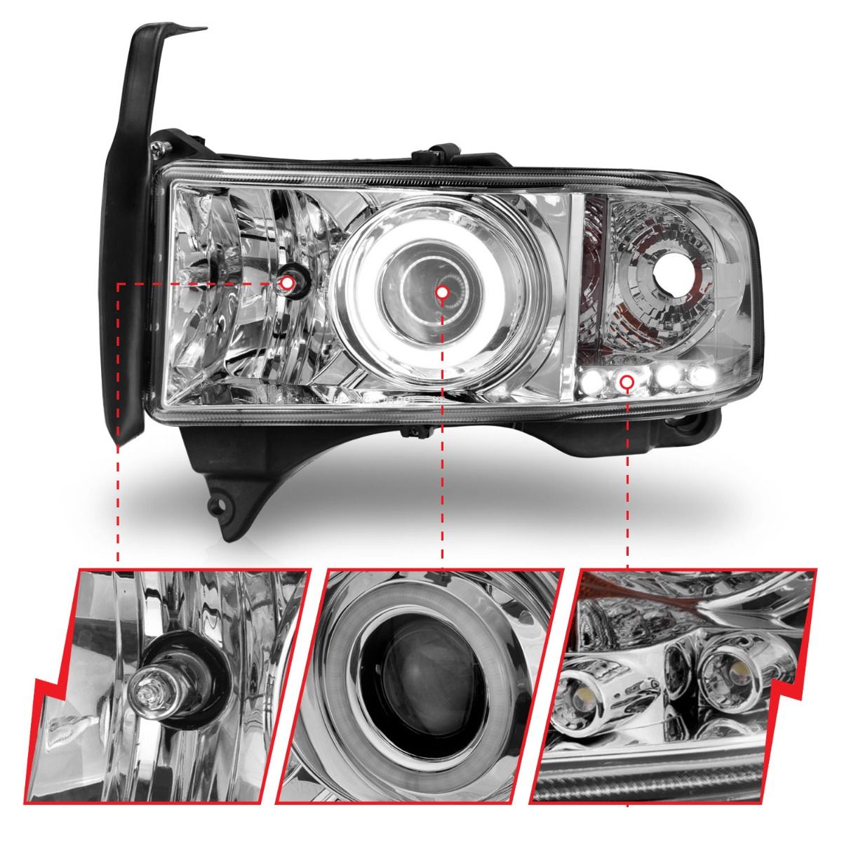 ANZO Chrome Projector Headlights with Halo Ring for 1994-2002 Dodge Ram 1500/2500/3500 - Durable LED Lighting for Night Driving & Off-Road Adventures