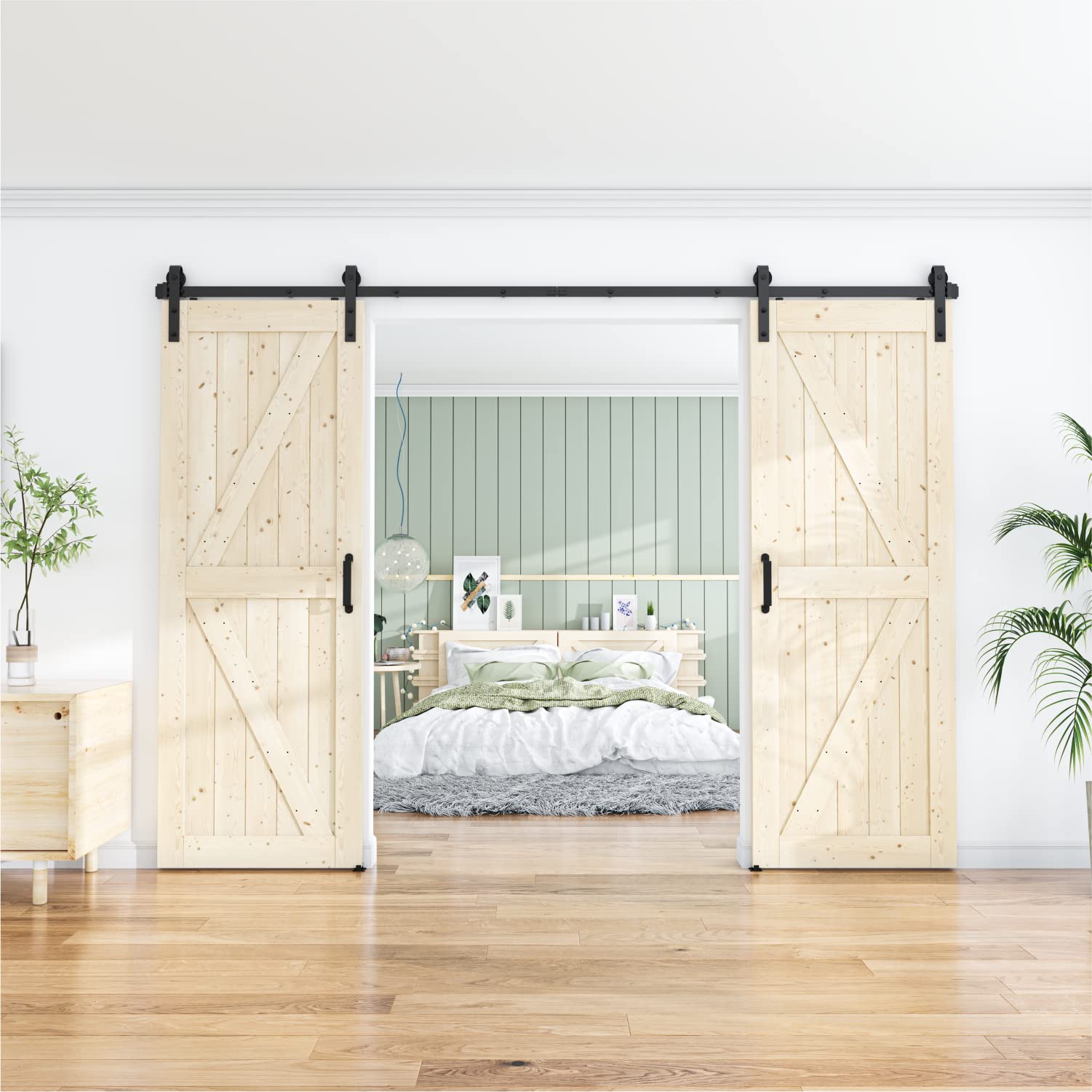 WINSOON 8FT Antique Black Double Sliding Barn Door Hardware Kit with Roller Track - Adjustable 4-18FT for Bedroom, Closet, or Farmhouse Style Interior Design