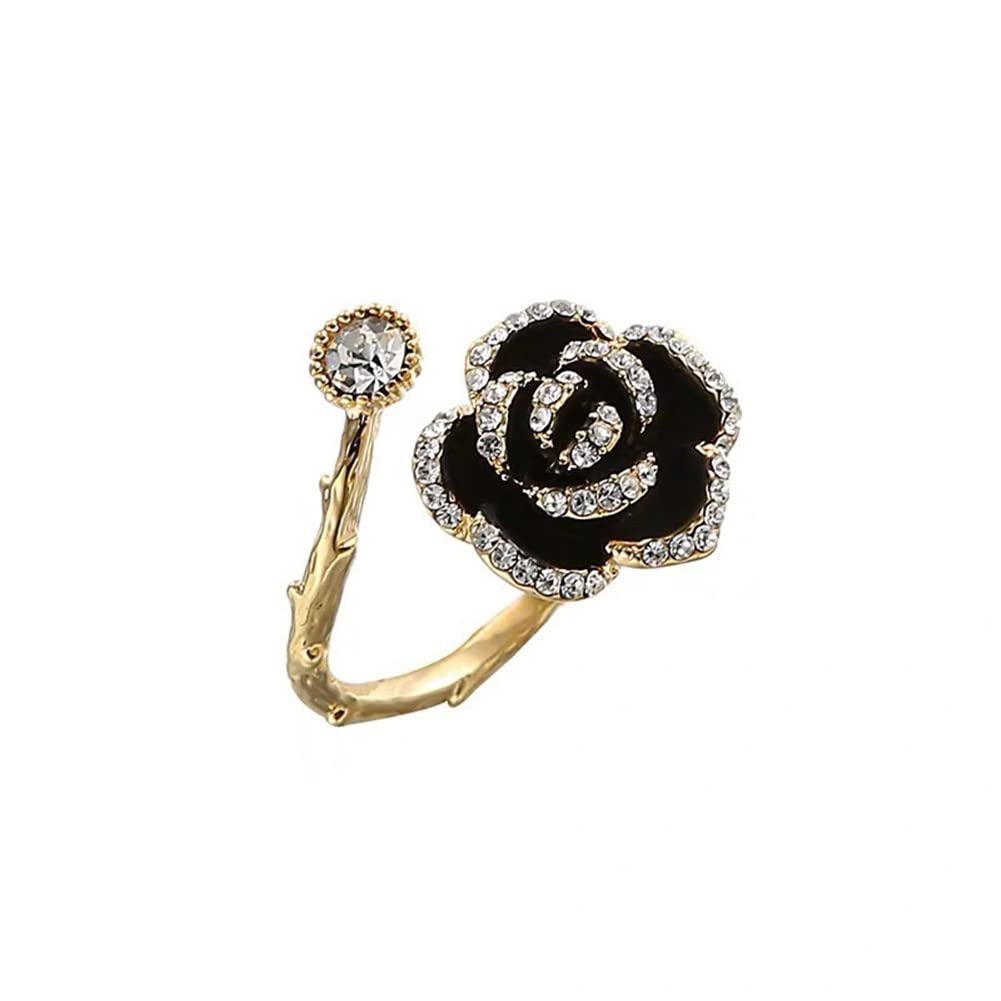 Elegant Rose Flower Rings for Women - Black Rhinestone Statement Thumb Ring, Dainty Gold Adjustable Fashion Ring for Girls | Perfect for Parties, Weddings & Everyday Wear