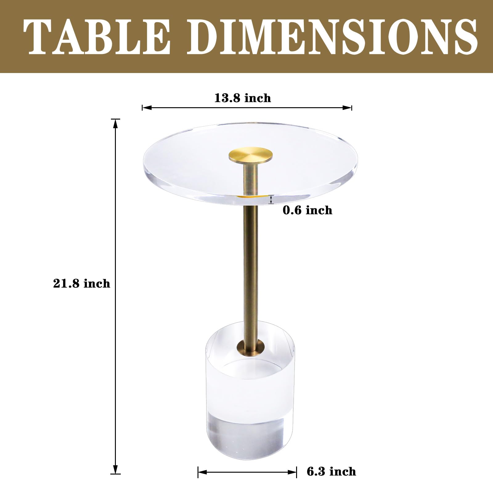 Modern Clear Acrylic Side Table with Gold Base - 13.8
