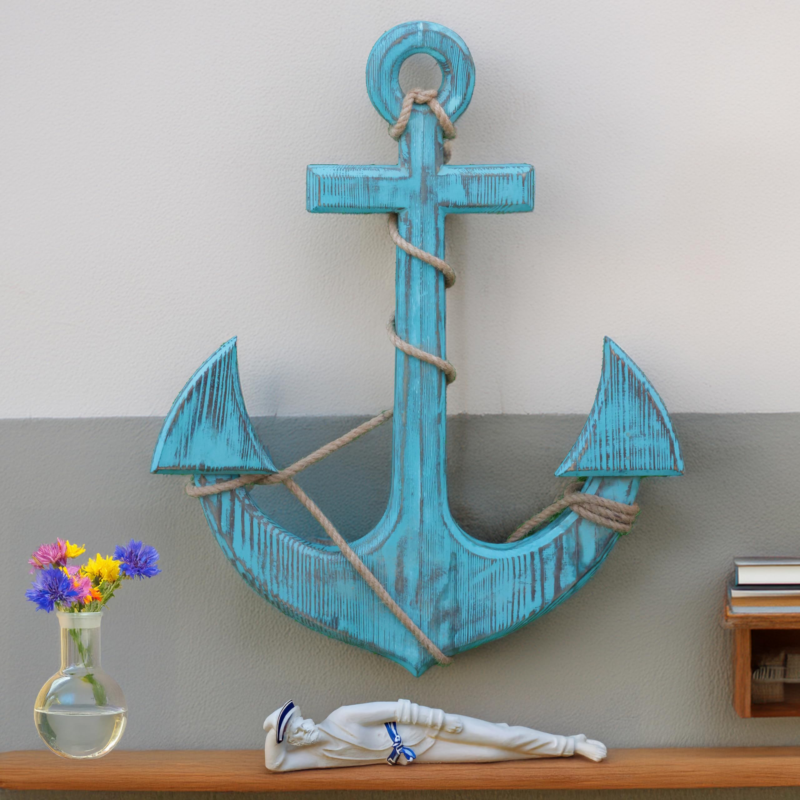 Nagina International Forest Frog Blue Decorative Anchor with Ropes - 18 Inch Nautical Wall Hanging for Home, Office & Boat Decor | Perfect Gift for Beach House & Coastal Theme Rooms