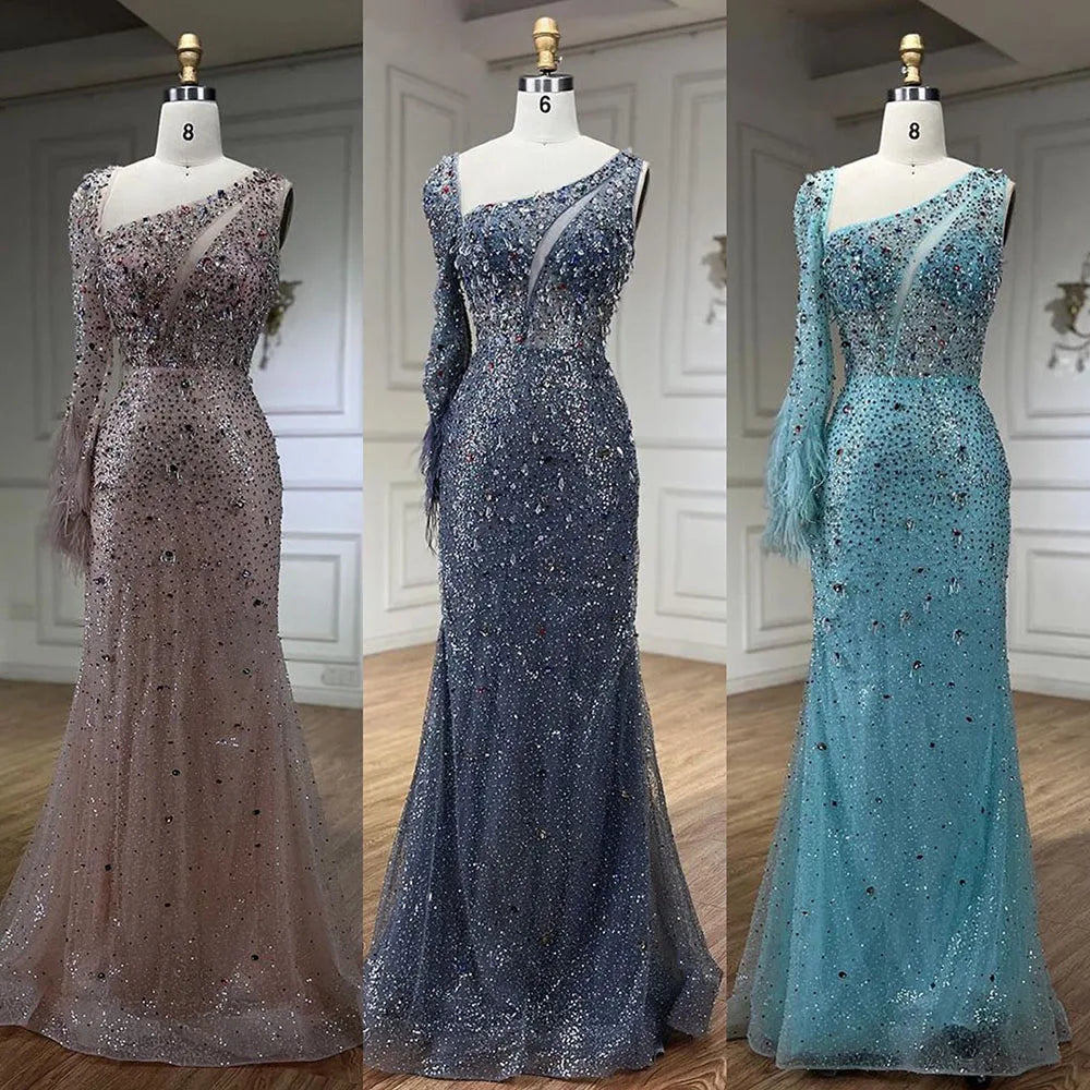 Elegant Pink Mermaid Evening Dress with Crystal Beads & Feather Skirt - Luxury Women's Wedding Party Gown for Prom, Quinceañera & Formal Events 2025 LA72377