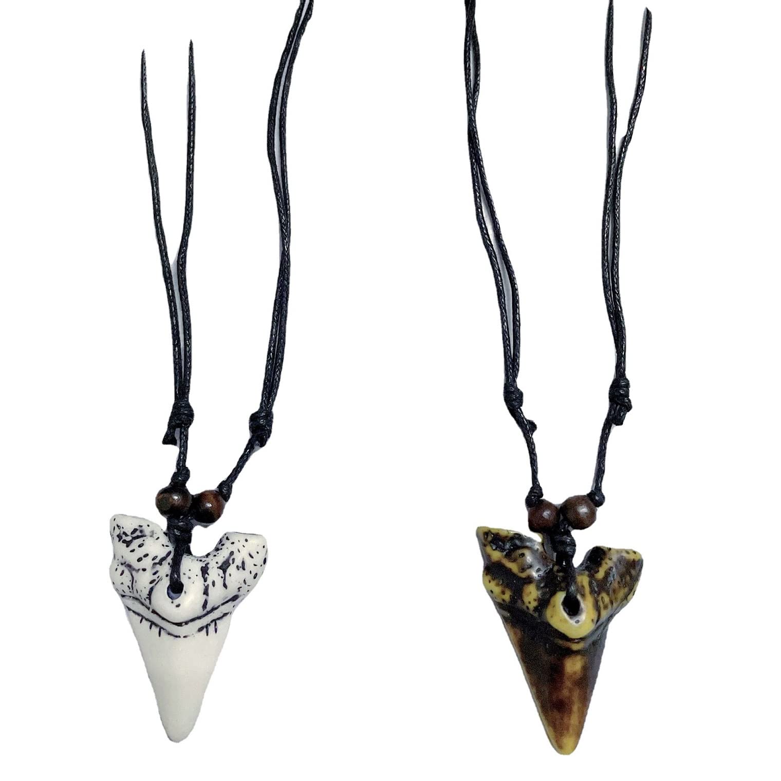 2-Piece Shark Tooth Pendant Necklace Set - Wax Rope & Leather Surfer Necklaces for Men & Women - Beach Resin Tooth Shaped Jewelry - Perfect for Summer, Surfing, Beach Parties and Boho Fashion Accessories