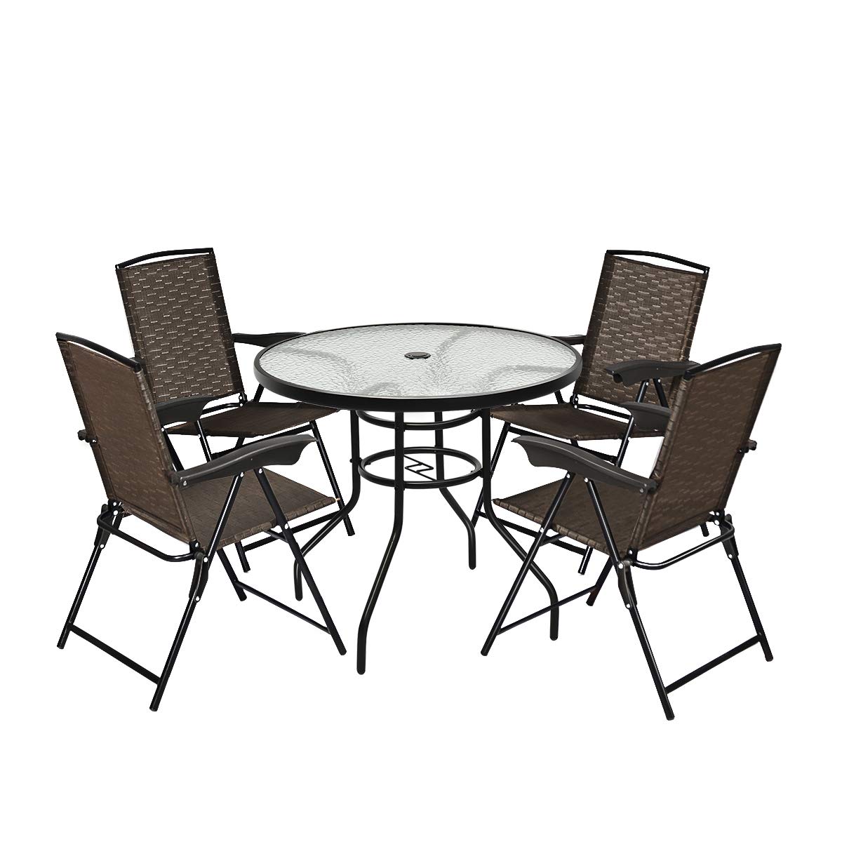 Goplus 5-Piece Outdoor Bistro Set - Weather Resistant Patio Furniture with Round Table & 4 Folding Sling Chairs for Garden, Backyard, Poolside or Balcony Relaxation