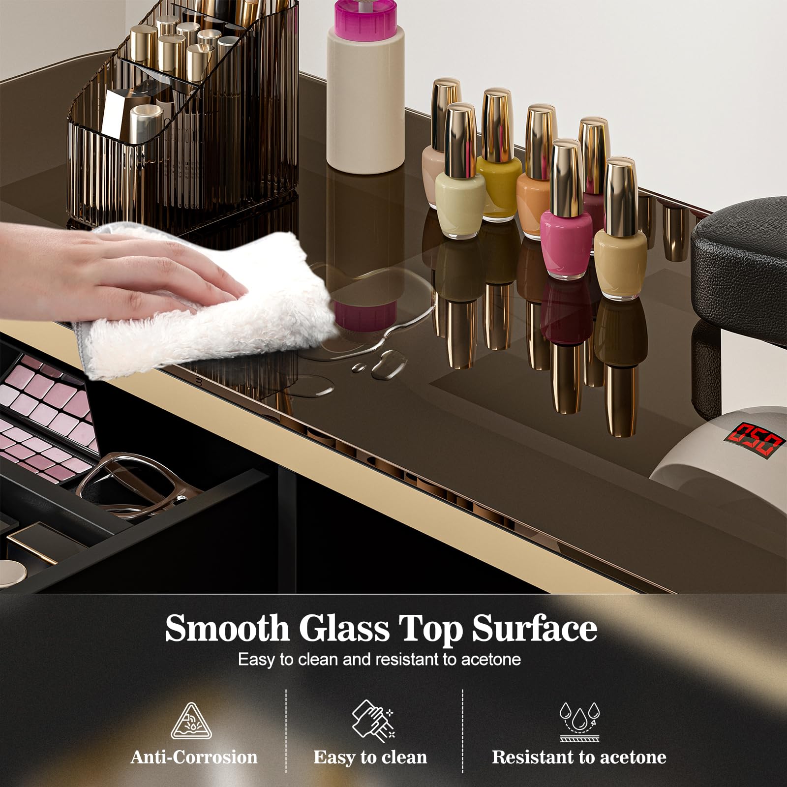 Paddie Professional Manicure Table for Nail Technicians - Glass Top Nail Salon Desk with 4 Drawers & 2-Tier Storage Shelves - Acetone Resistant Beauty Workstation with Wrist Cushion & Golden Handles (Black) - Perfect for Nail Salons, Home Studios & Mobile Nail Services