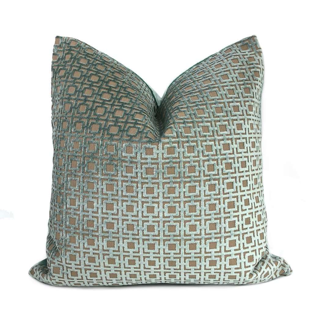 Quattro Mineral Blue Green Geometric Square Lattice Cut Velvet Pillow Cover - Luxury Decorative Throw Pillow Case for Sofa, Bed & Home Decor