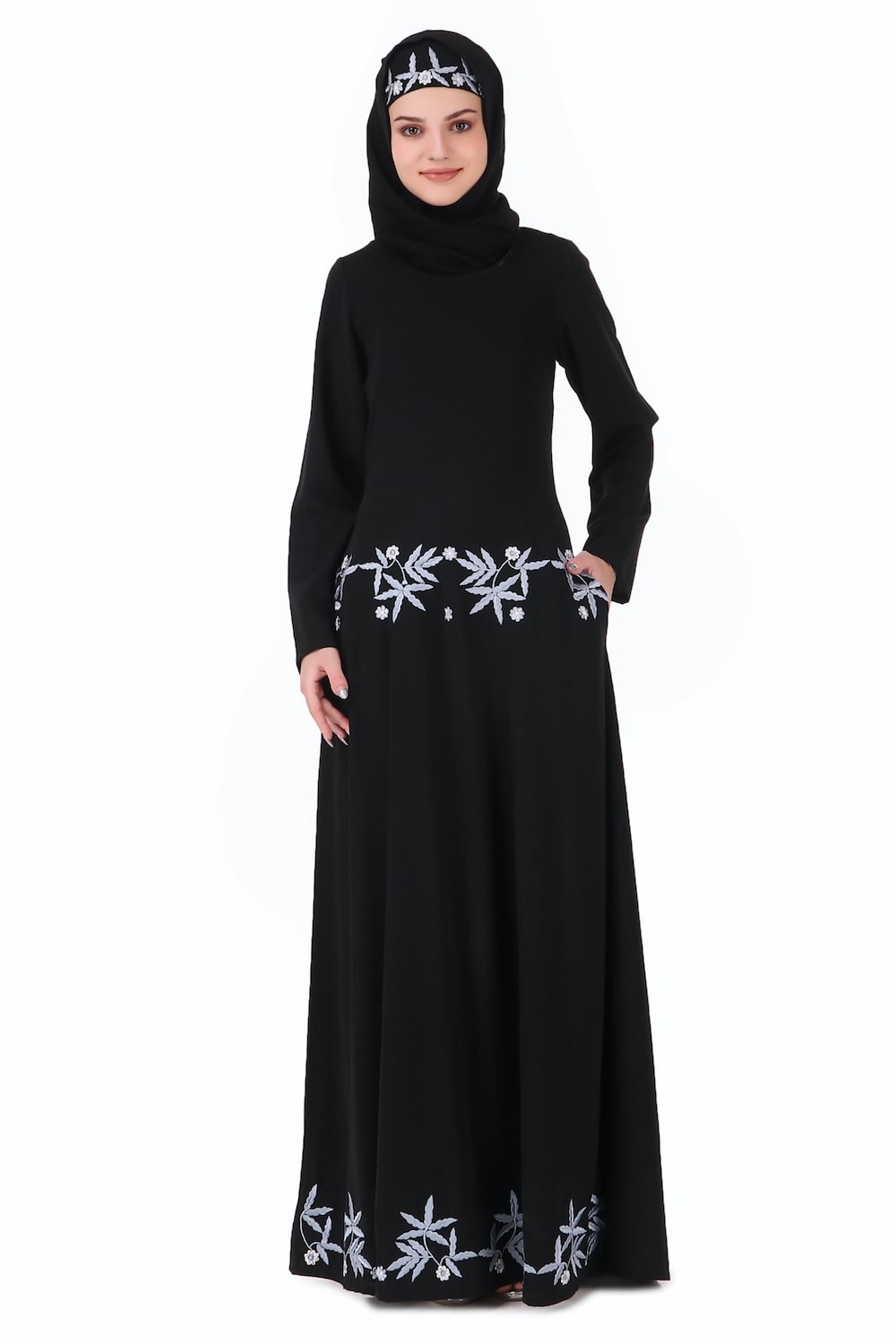 Floral Embellished Flared Nida Abaya - Elegant Muslim Prayer Dress for Women | Perfect for Eid, Ramadan & Special Occasions
