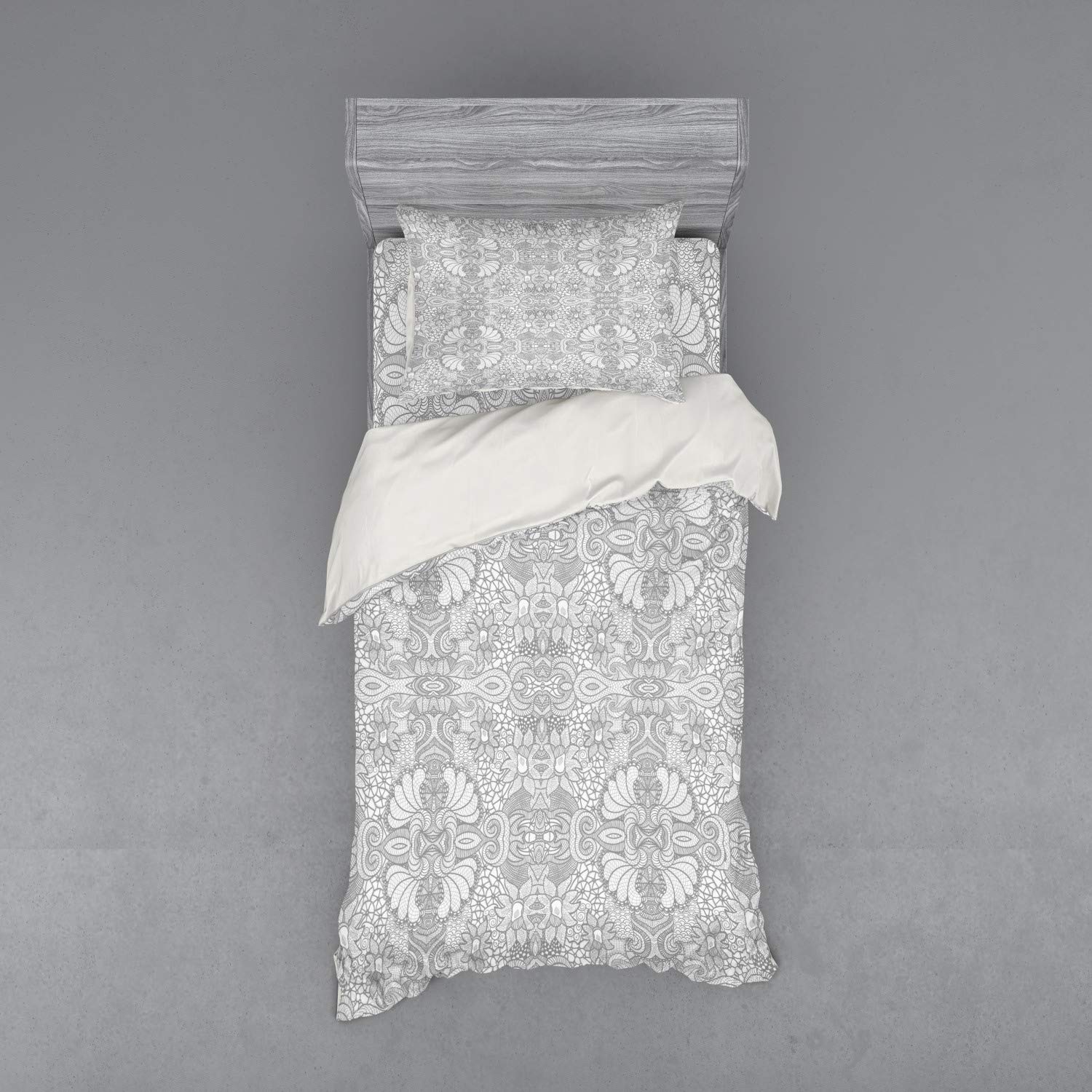 Ambesonne Floral Bedding Set - 3 Piece Duvet Cover with Sham & Fitted Sheet, Twin Size, Black White Vintage Paisley Print | Perfect for Boho Bedroom Decor, Guest Room & Cozy Home Styling