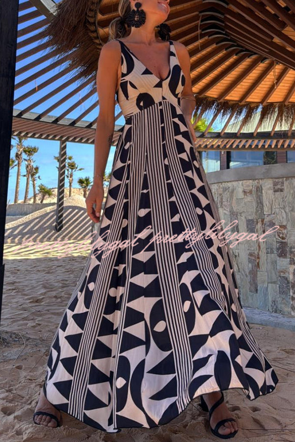 Sabine Geometric Print V-Neck Back Smocked A-Line Maxi Dress - Elegant Summer Beach Wedding Guest Dress for Women