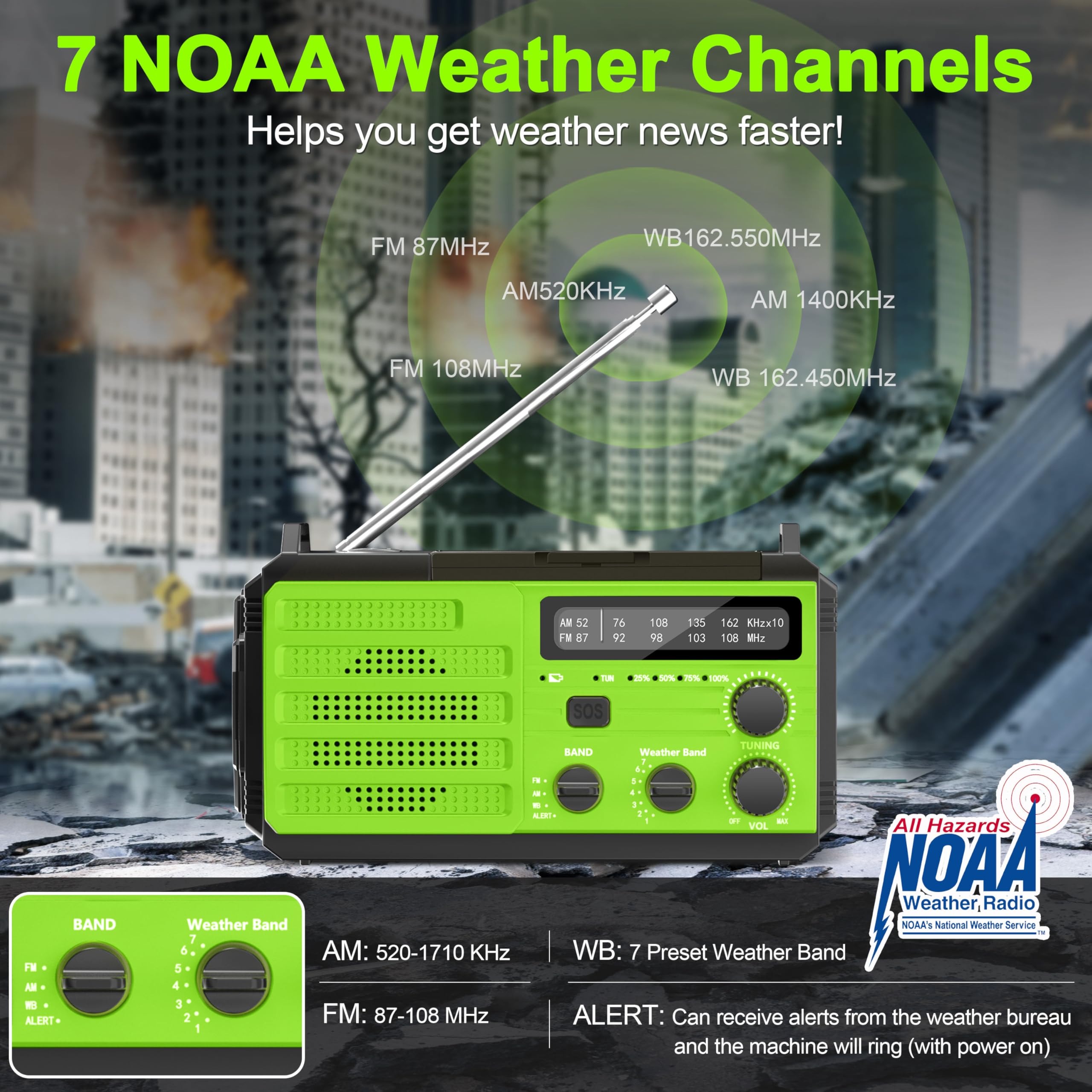 Solar Powered Emergency Radio - 22200mAh NOAA Weather Radio with AM/FM, Hand Crank Flashlight, SOS Alarm & Compass | Portable Survival Radio for Hurricanes, Winter Storms, Camping & Outdoor Adventures