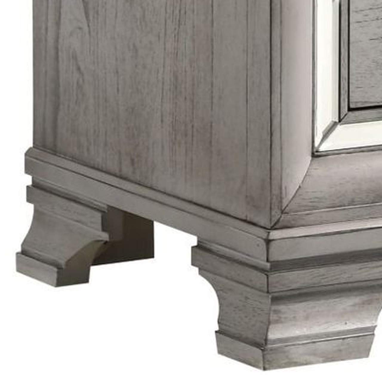 Benjara 2 Drawer Nightstand with Mirror Accent and Bracket Feet - Gray Wooden Bedside Table for Bedroom, Living Room, or Guest Room - Modern Home Furniture with Storage Space