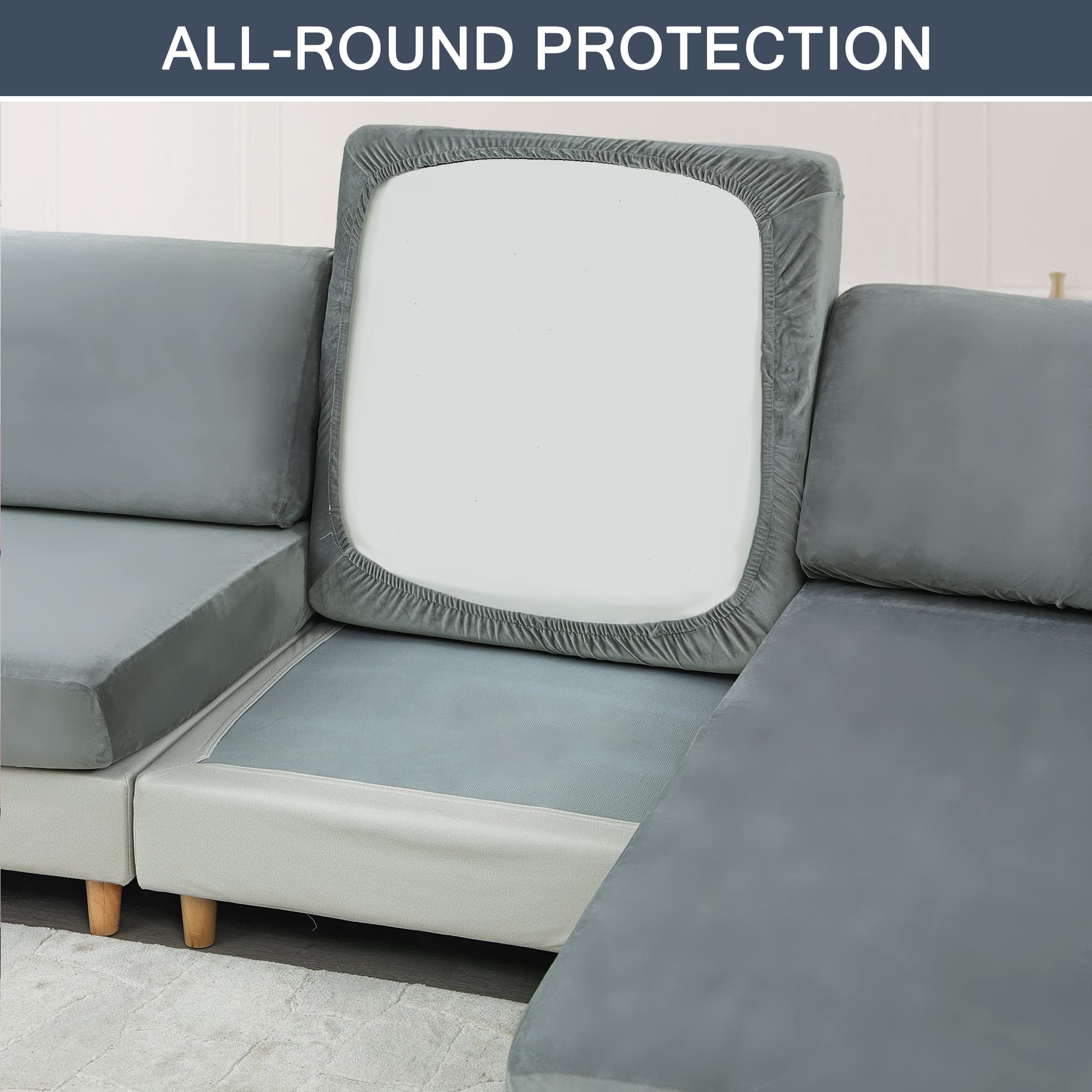 CONRUSER Soft Velvet Stretch Couch Cushion Covers - Elastic Bottom Furniture Protector Slipcovers (Small, Light Grey) | Perfect for Living Room Sofas, Sectionals & Home Decor