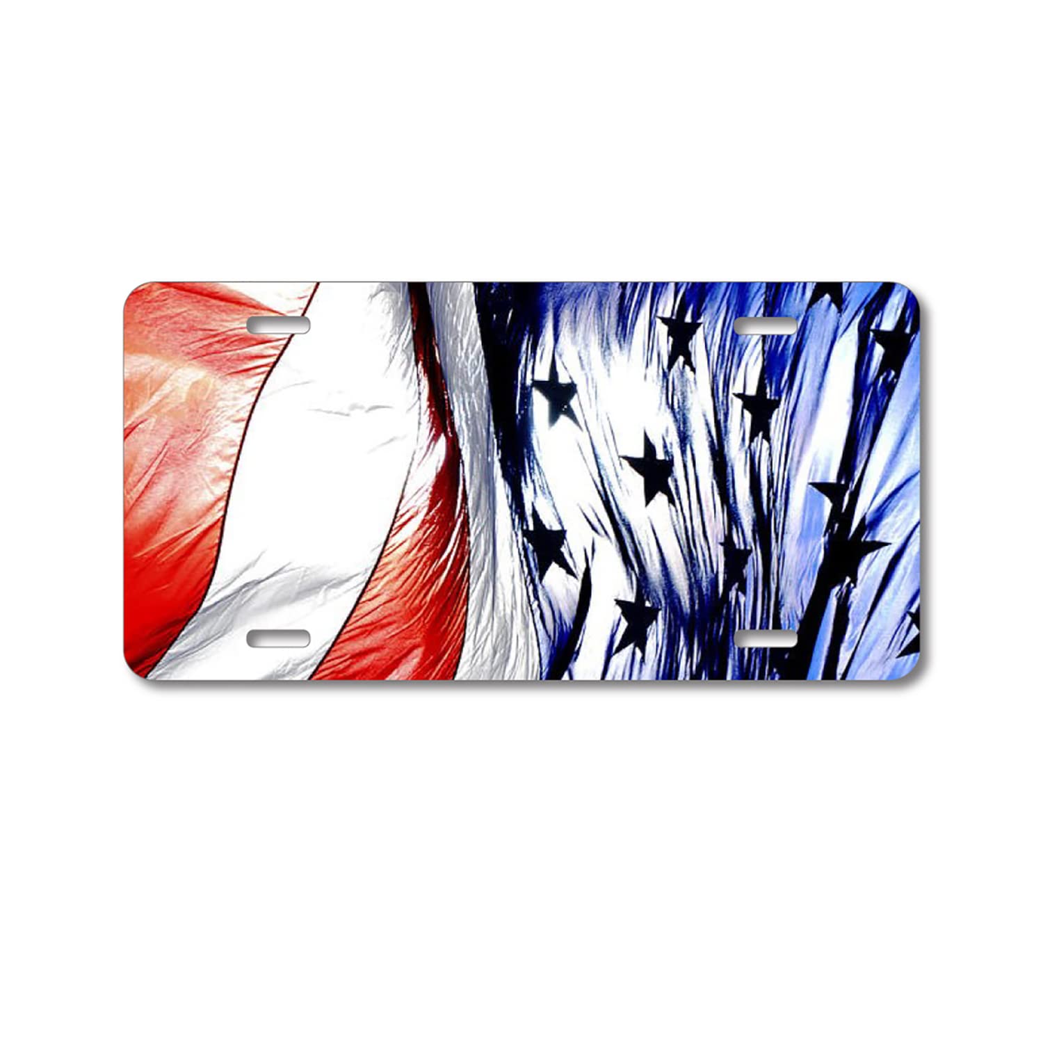 Custom Aluminum Vanity License Plate for Cars - Patriotic Red White & Blue Waving US Flag Design | Front Bumper Decorative Auto Accessory for American Pride & 4th of July Celebrations