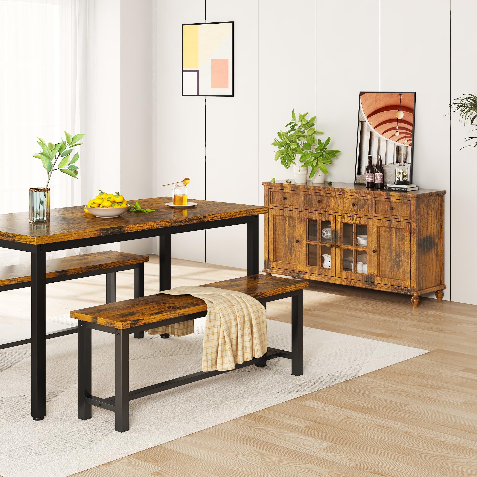 DKLGG 39 Inch Rustic Brown Dining Benches Set of 2 - Industrial Metal Leg Kitchen & Entryway Benches for Living Room, Bedroom, Dining Area - Durable & Stable Wooden Seating for Home Decor & Small Space Solutions