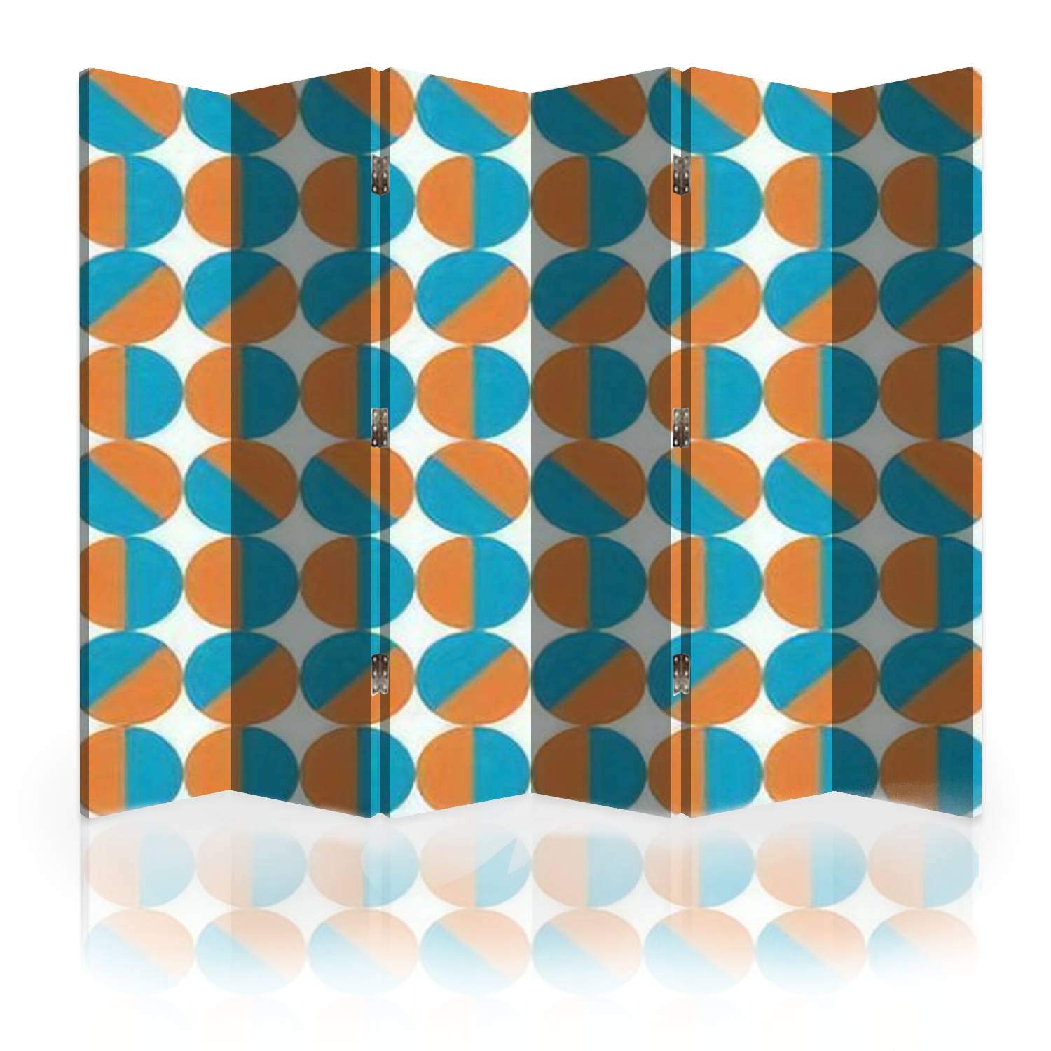 Mid Century Style Canvas Room Divider Screen - 6 Panel Folding Privacy Partition with Abstract Geometric Pattern in Blue & Orange Circles | Perfect for Home Office, Living Room, and Studio Space Dividers