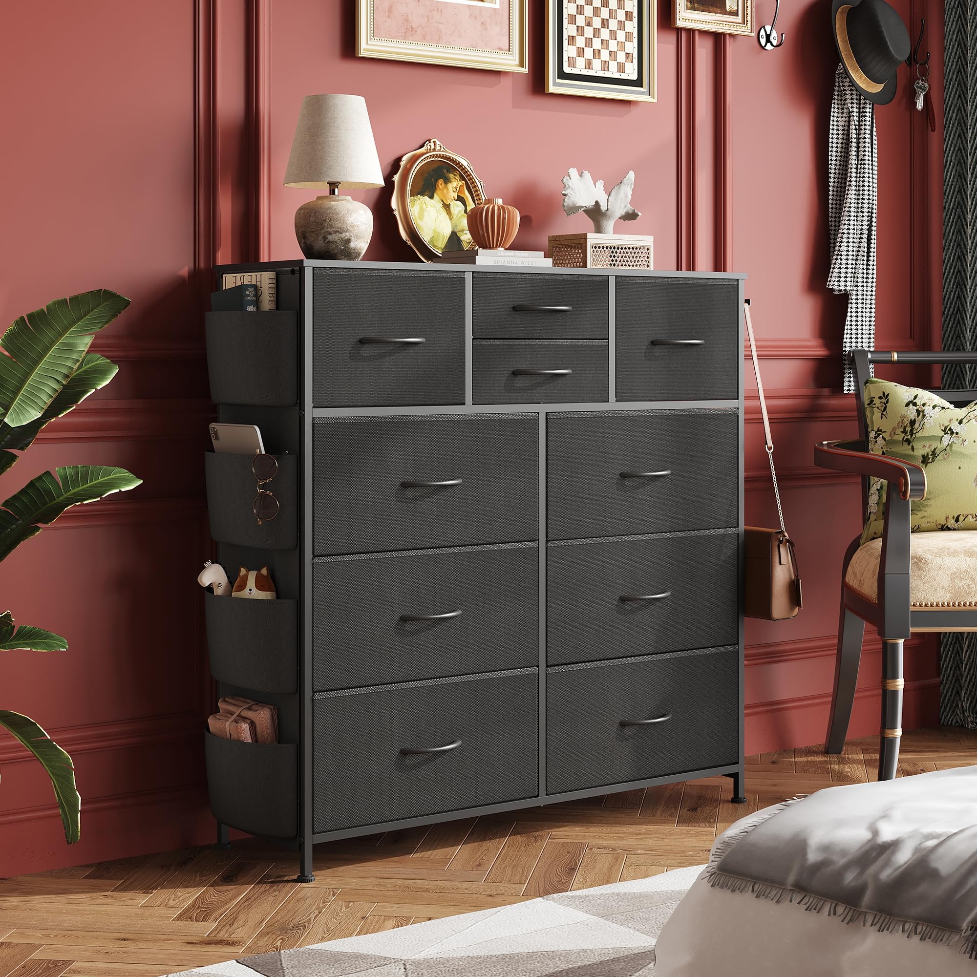 10-Drawer Fabric Dresser for Bedroom with Metal Frame - Black Storage Organizer with Side Pockets & Hooks - Perfect for Bedroom, Living Room, Hallway Closet Organization