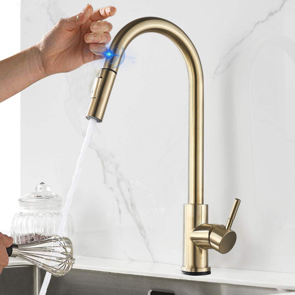 Brushed Gold Pull-Out Sensor Kitchen Faucet - Smart Touch Control, Sensitive Touch Technology, Modern Mixer Tap for Kitchen Sink - Perfect for Cooking, Washing Dishes & Hands-Free Convenience