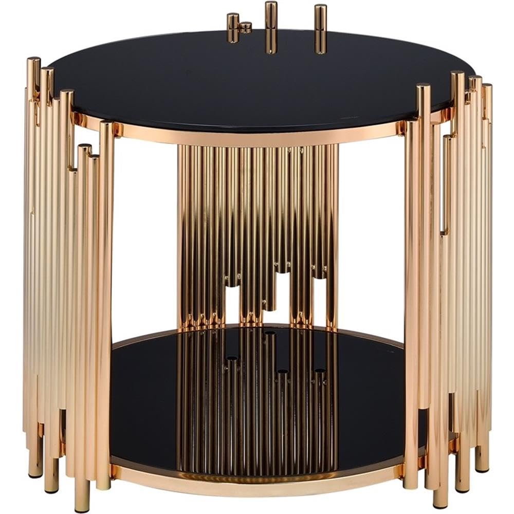 Acme Tanquin Round Glass Top End Table - Black Glass & Gold Accent - Perfect for Living Room, Bedroom, or Office Decor