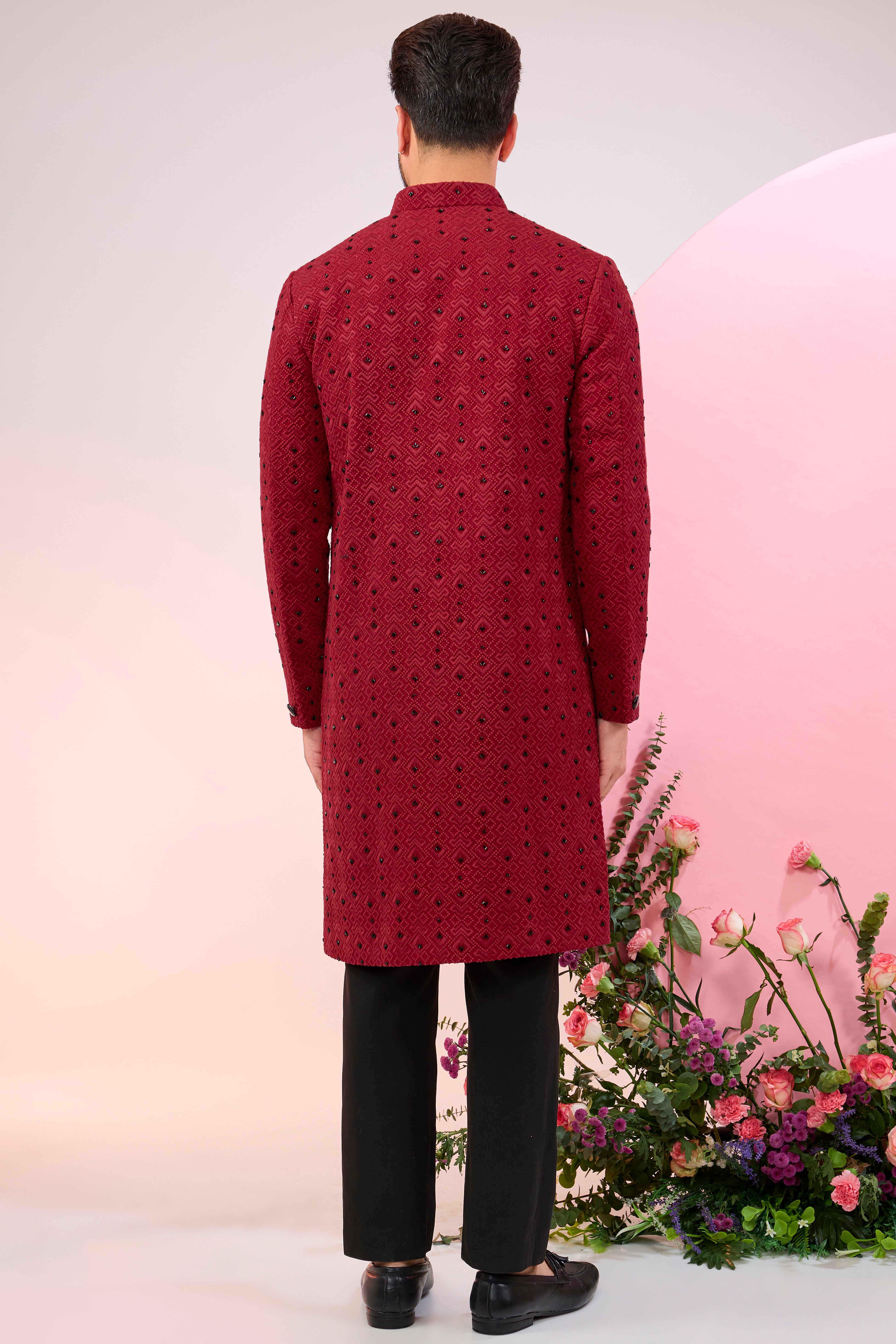 Elegant Red Geometric Embroidered Sherwani with Black Cutdana - Traditional Indian Wedding Attire for Grooms & Special Occasions