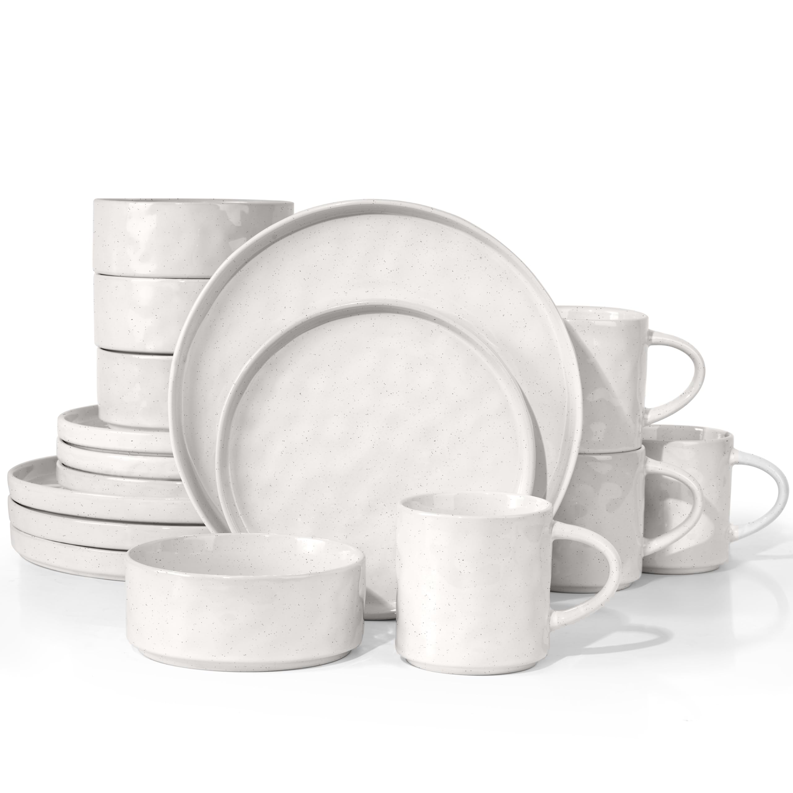 HaWare 16-Piece Stoneware Dinnerware Set - Elegant Ceramic Plates & Bowls for 4 - Chip/Scratch Resistant - Microwave & Dishwasher Safe - Speckled White Tableware - Perfect for Family Dinners, Parties & Restaurant Use