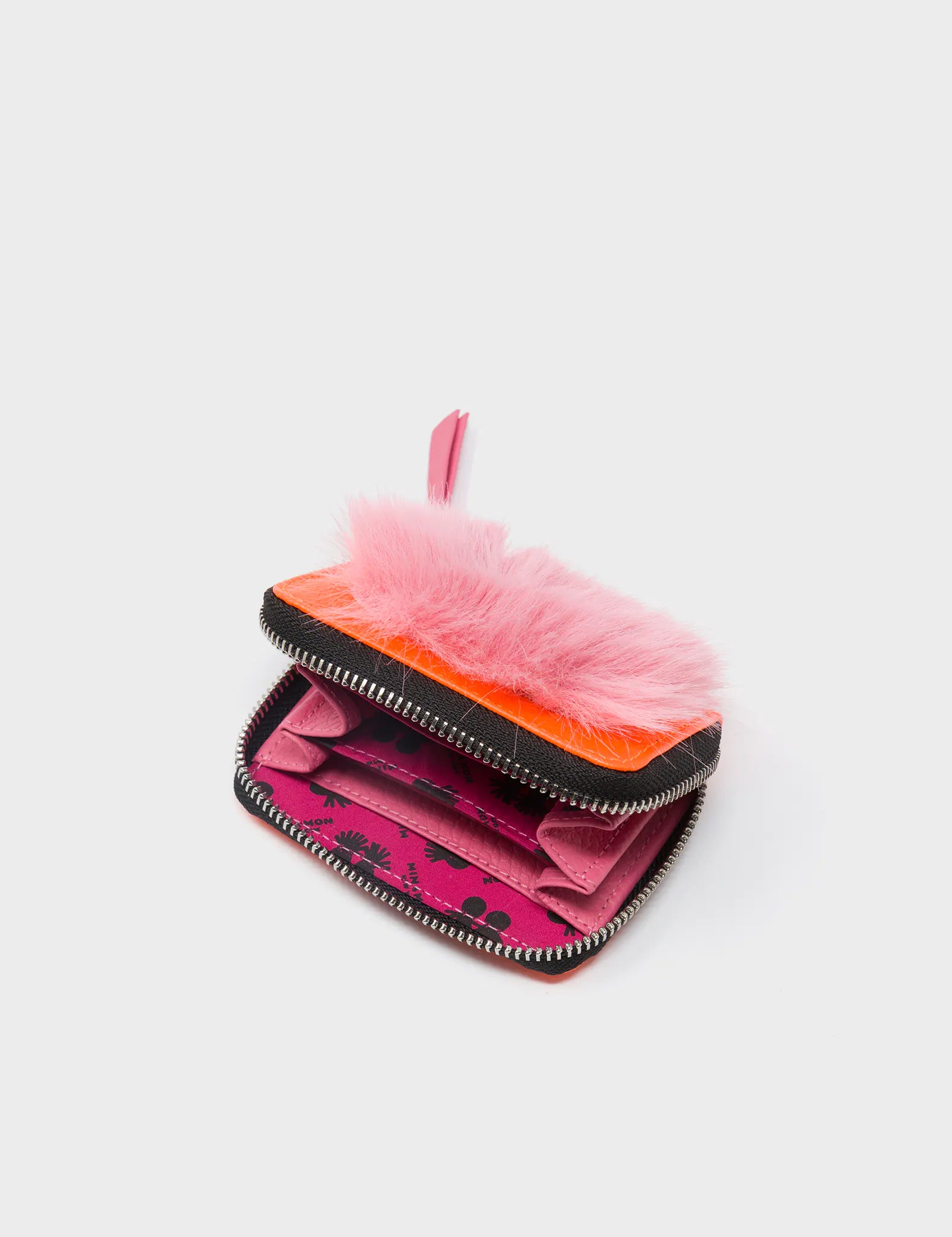 Frodo Neon Orange Leather Zip Around Wallet with Fuzzy Monster Applique - Stylish & Durable for Everyday Use, Travel, and Gifts