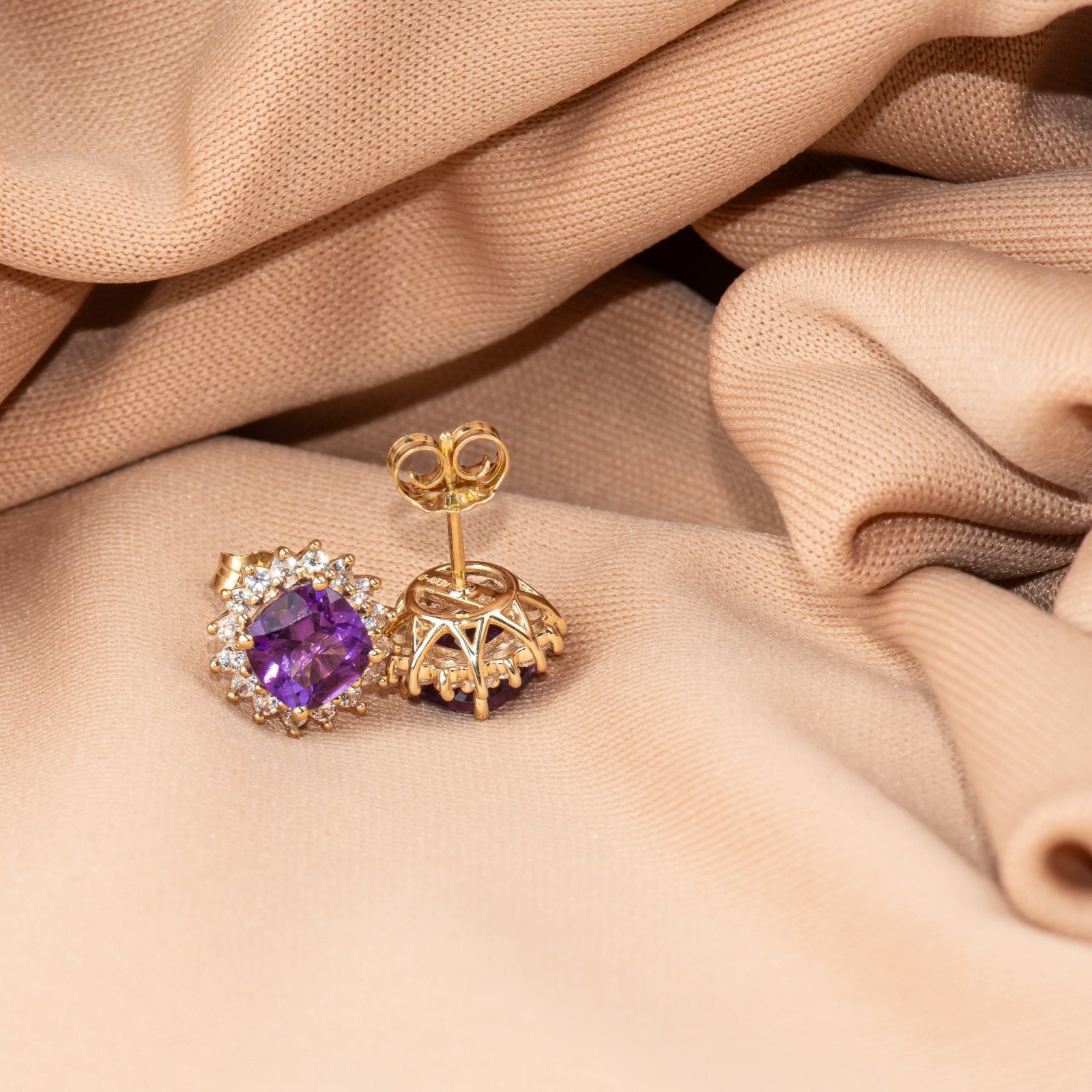 10K Yellow Gold Amethyst and Sapphire Halo Stud Earrings for Women - Elegant Purple Gemstone Jewelry for Daily Wear, Parties & Special Occasions