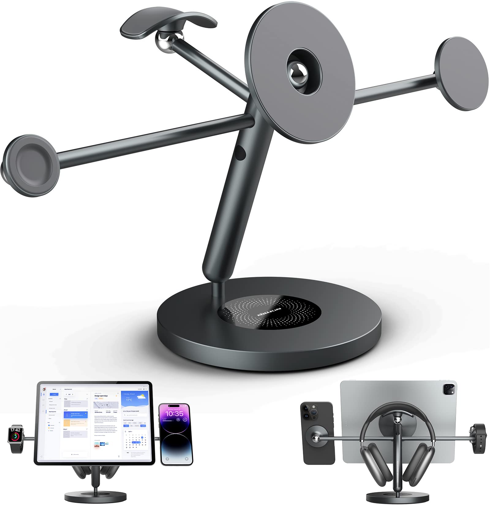 Nillkin 4-in-1 Magnetic Tablet Stand with MagSafe Ring - 360° Rotating Aluminum Phone Stand for iPhone, iPad, Apple Watch & AirPods (5-13 Inch) - Perfect for Desk, Office, Home & Travel Use