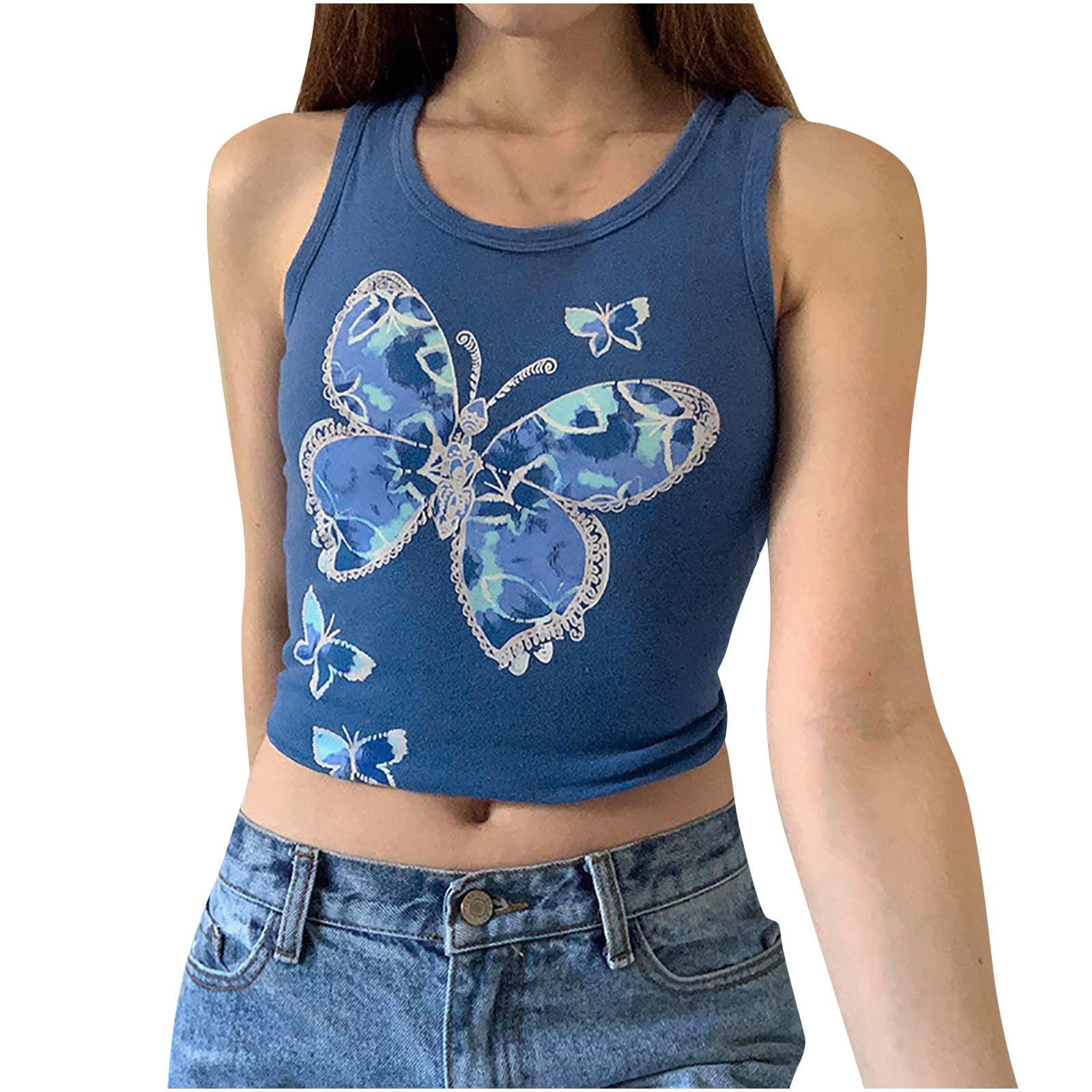 Butterfly Print Women's Crop Tank Tops - Summer Sleeveless Graphic Cami Blouse for Casual Wear, Beach Outfits & Music Festivals