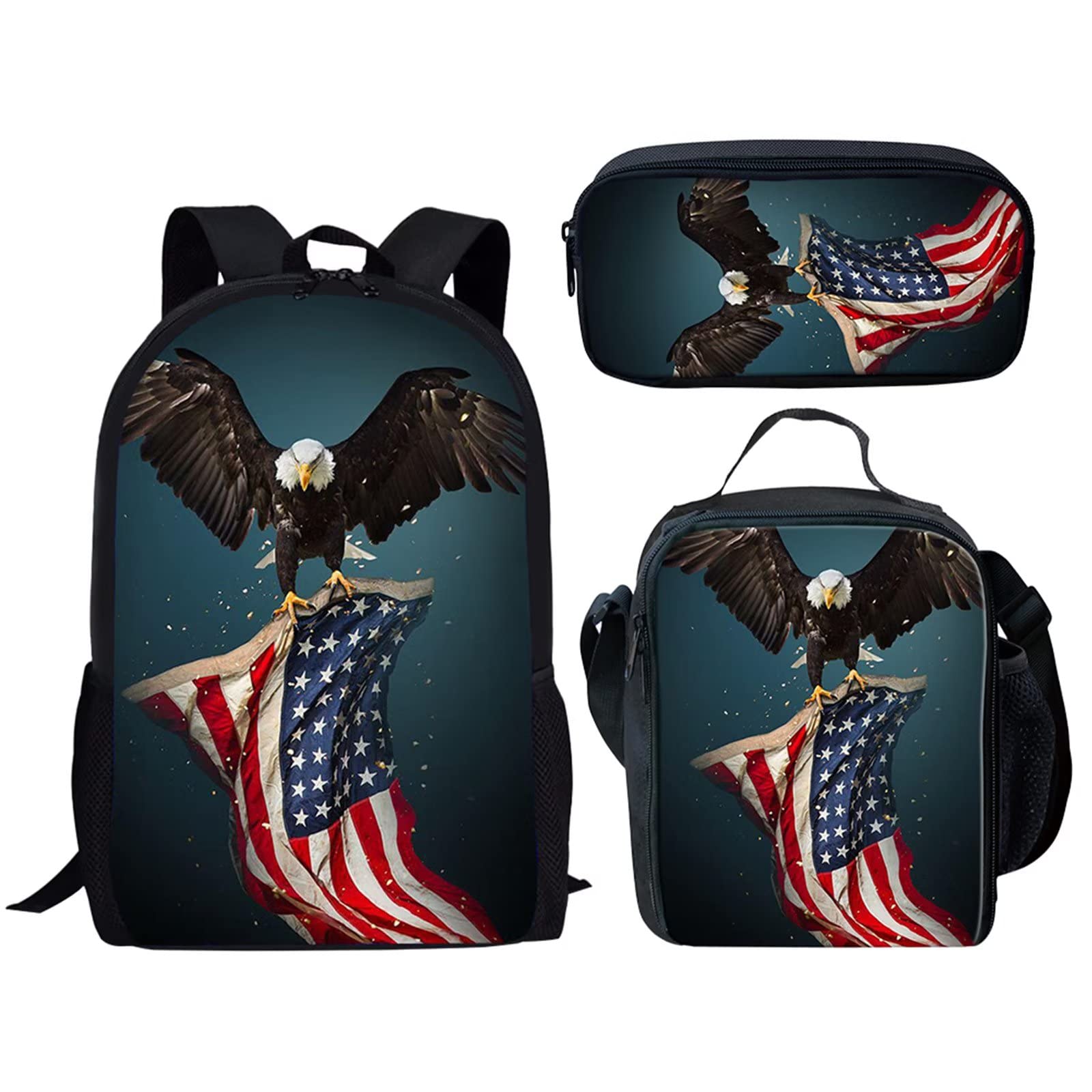 **American Flag Print Backpack Set for Kids - 3 Piece School Backpack with Lunch Box & Pencil Case for Boys & Girls - Durable Blue Backpack for School, Travel & Outdoor Adventures**