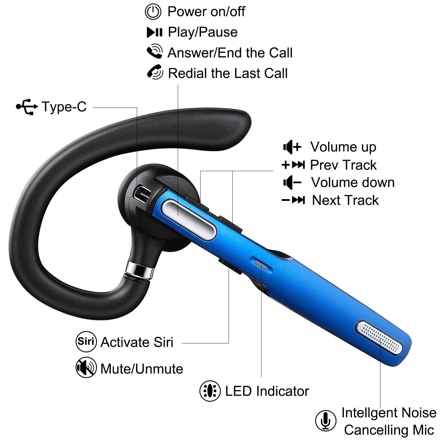COMEXION Bluetooth Headset Wireless Earpiece V5.0 with Noise Canceling Mic - Hands-Free Stereo Earphones for iPhone & Android - Perfect for Driving, Business Meetings & Office Work