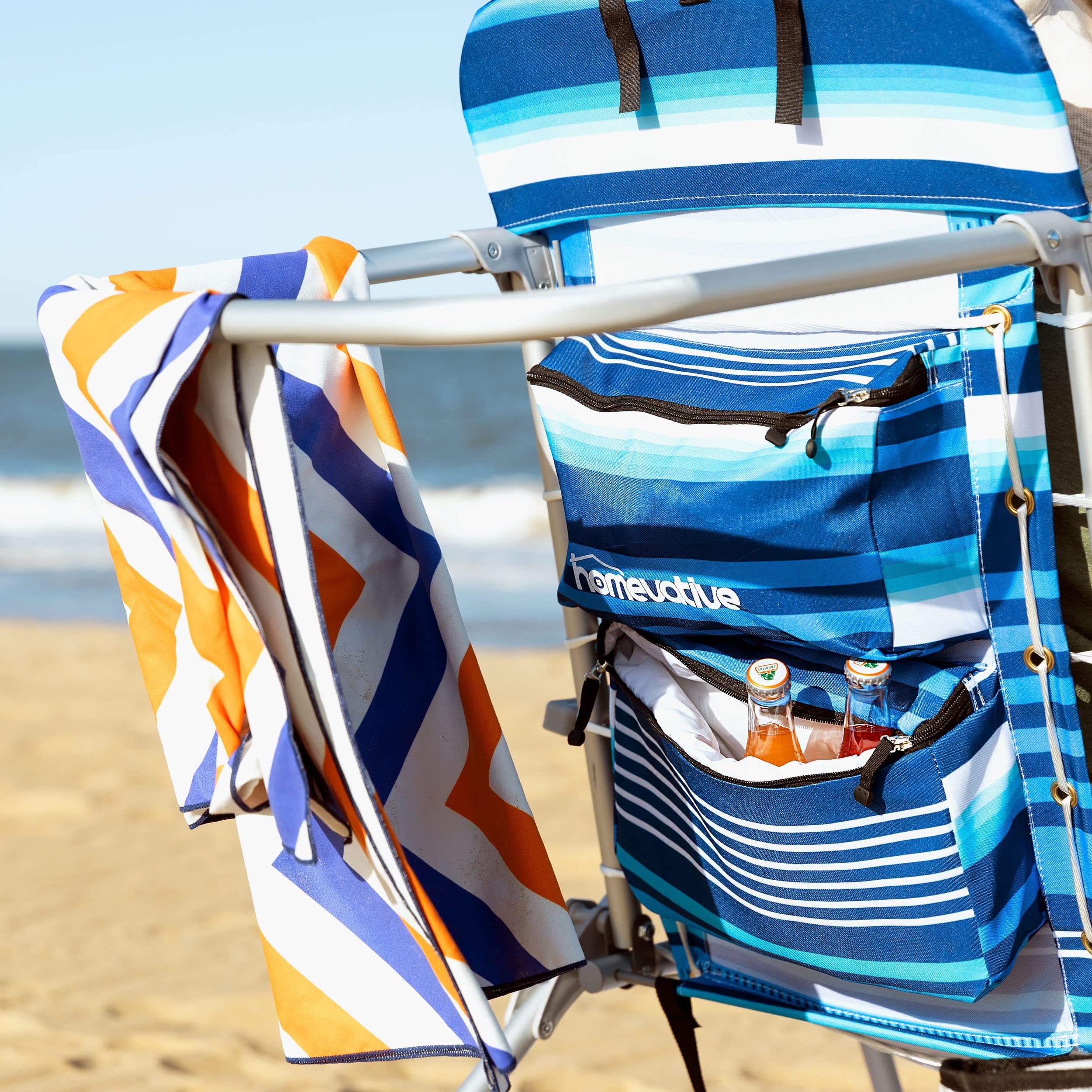 Homevative Portable Backpack Fold-Up Beach Chair - 5 Position Reclining, Built-in Towel Bar, Cooler Pocket, Storage Pouch & Cup Holder - Perfect for Beach, Camping, Picnics and Outdoor Relaxation