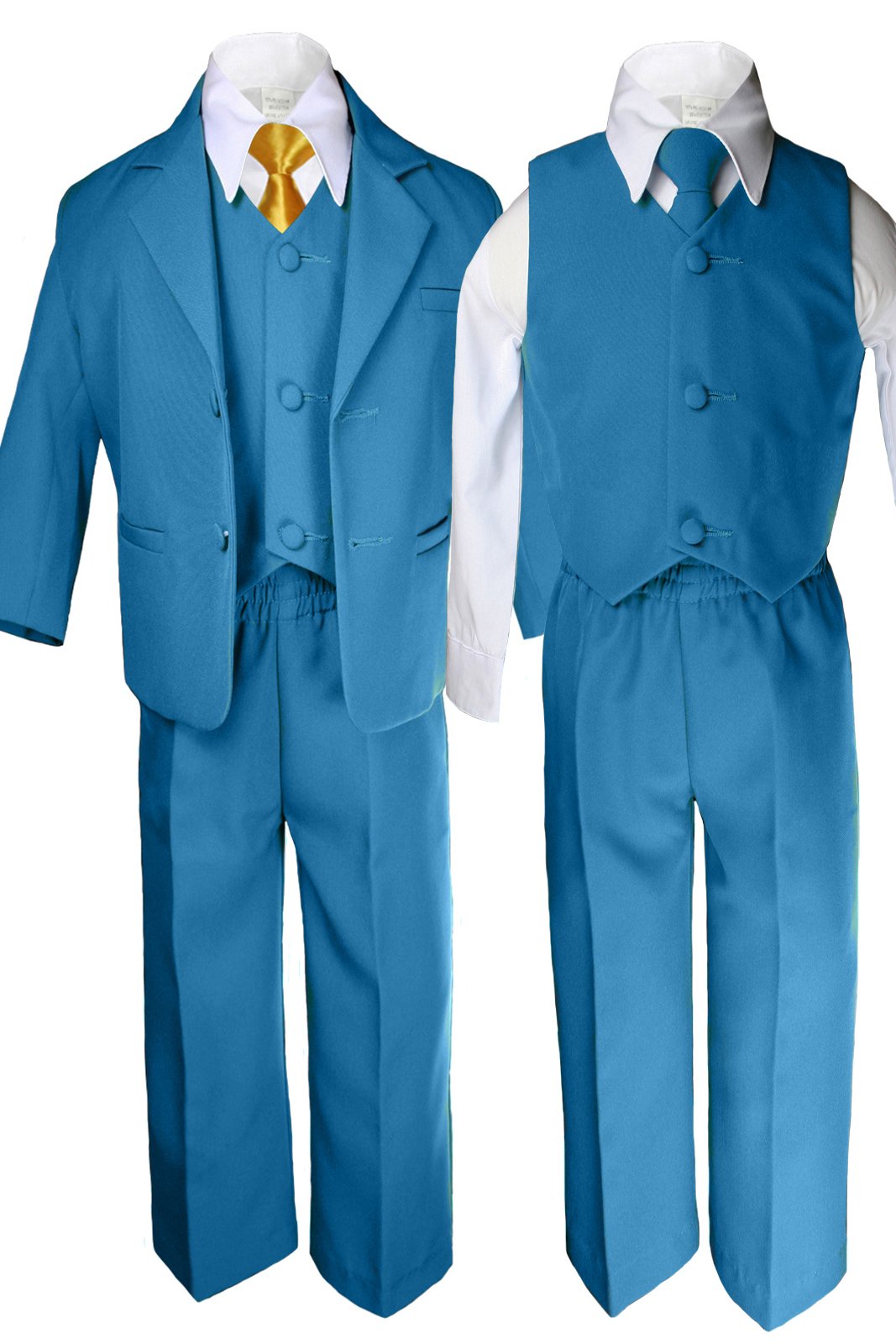 6-Piece Boys' Teal Blue Satin Tuxedo Suit Set with Yellow Necktie - Baby to Teen (6-12 Months) - Perfect for Weddings, Parties & Formal Events