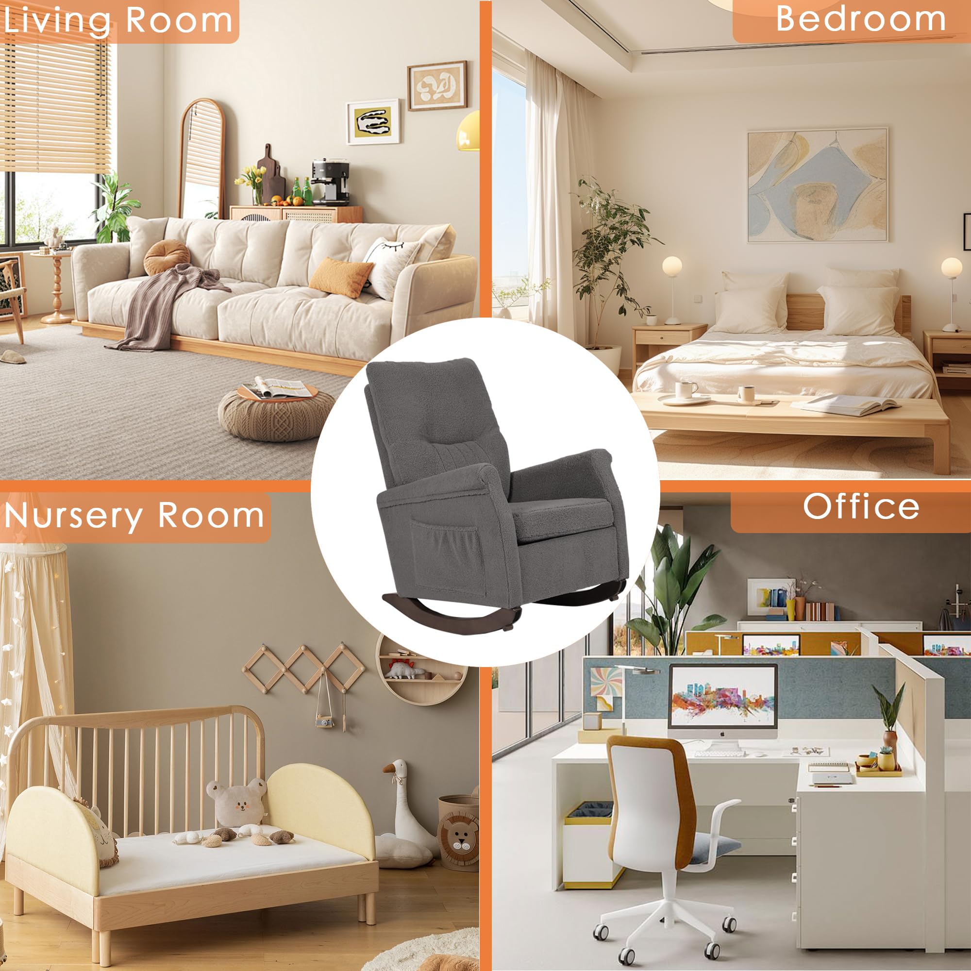**Nursing Rocking Chair for Mom - High Back Teddy Rocker Glider, Comfortable Nursery Chair for Breastfeeding & Reading - Perfect for Living Room, Bedroom, Nursery (Grey)**