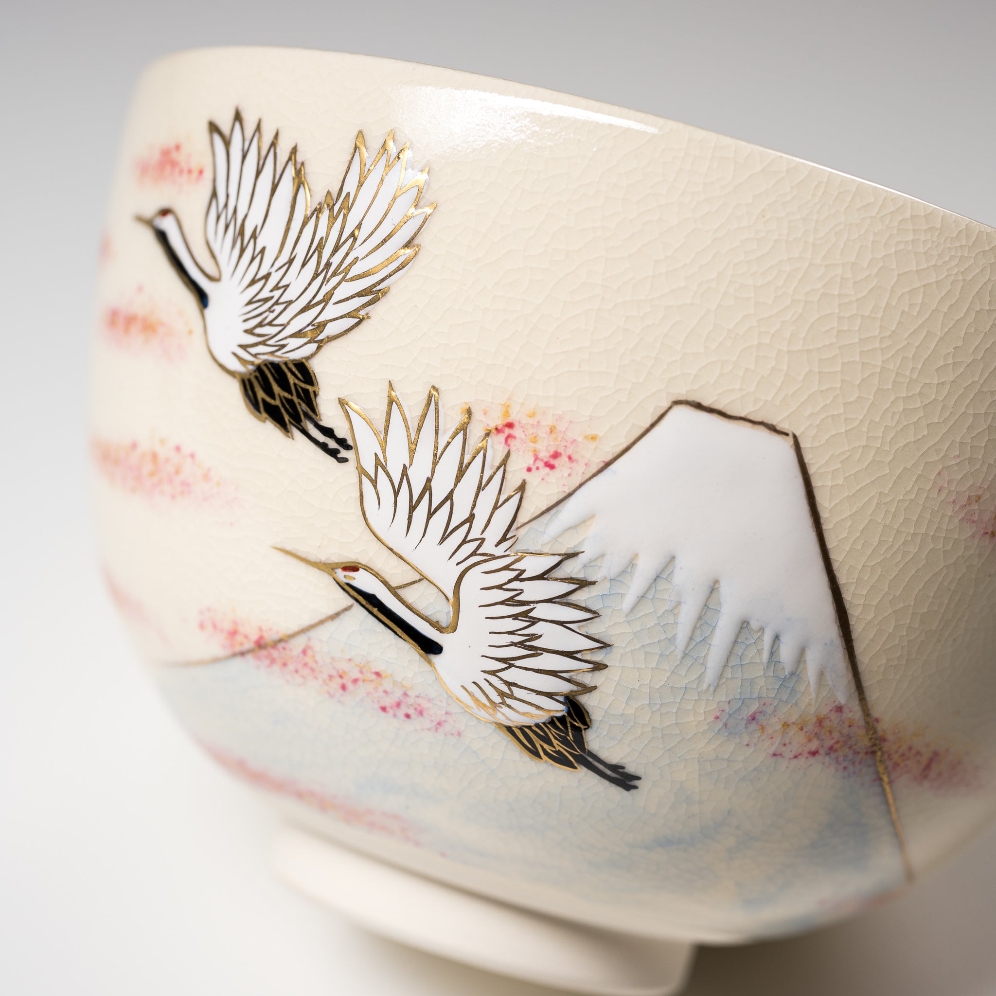 Handmade Kyo Kiyomizu Ware Matcha Bowl - Traditional Japanese Crane & Mt. Fuji Design - Authentic Ceremonial Tea Drinking Set for Zen Meditation & Tea Ceremony