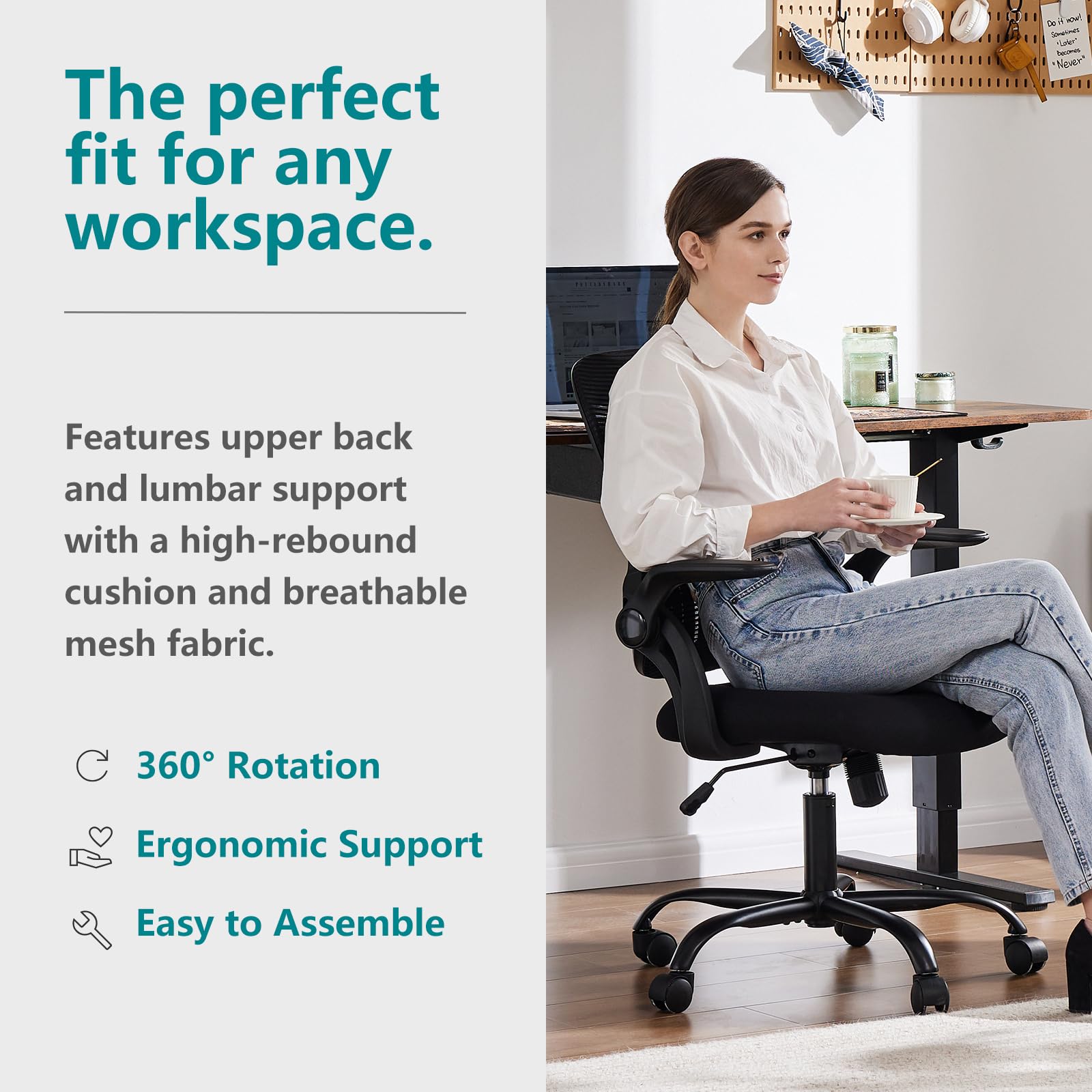 DUMOS Ergonomic Office Chair with Lumbar Support - Mid Back Mesh Computer Desk Chair with Wheels, Swivel & Flip-Up Arms for Home Office, Study, Bedroom - Comfortable Task Chair for Work & Gaming (Black)