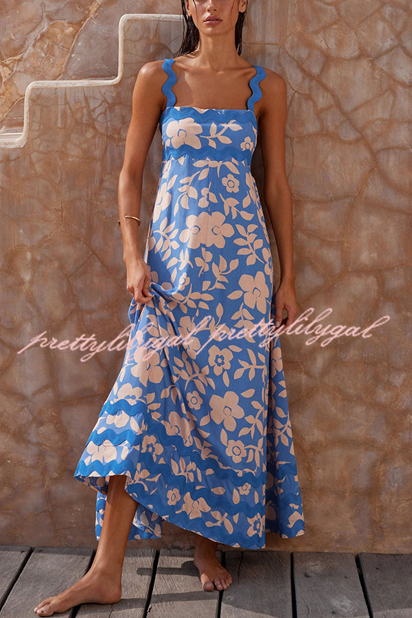 Vivi Floral Print Wavy Suspender Side Zip Maxi Dress - Elegant Summer Dress for Women, Boho Chic Beach Wedding Guest Outfit, Perfect for Vacations & Special Occasions