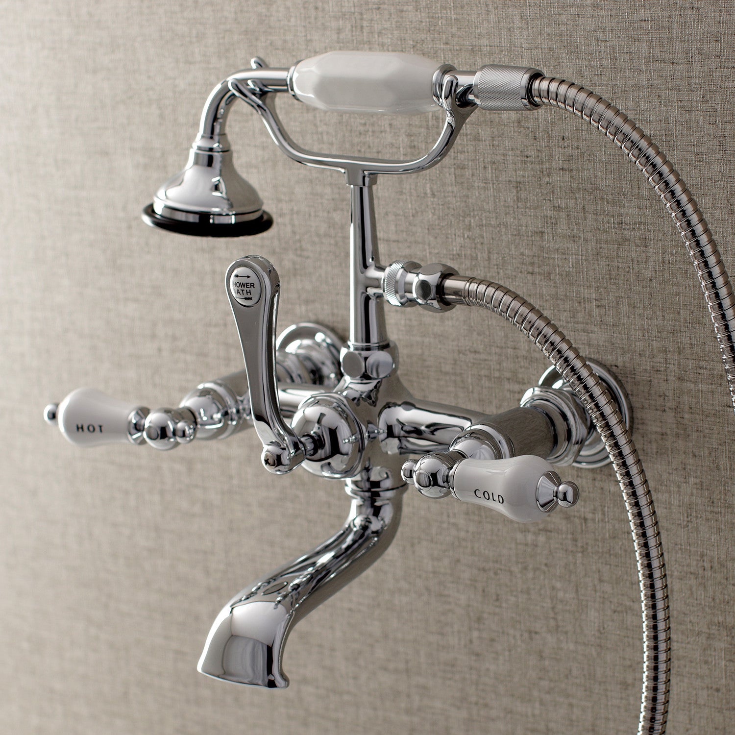 Vintage Clawfoot Tub Faucet with Hand Shower - 3 Handle 2 Hole Wall Mount Bathroom Fixture in Polished Chrome - Perfect for Antique & Classic Bathroom Renovations