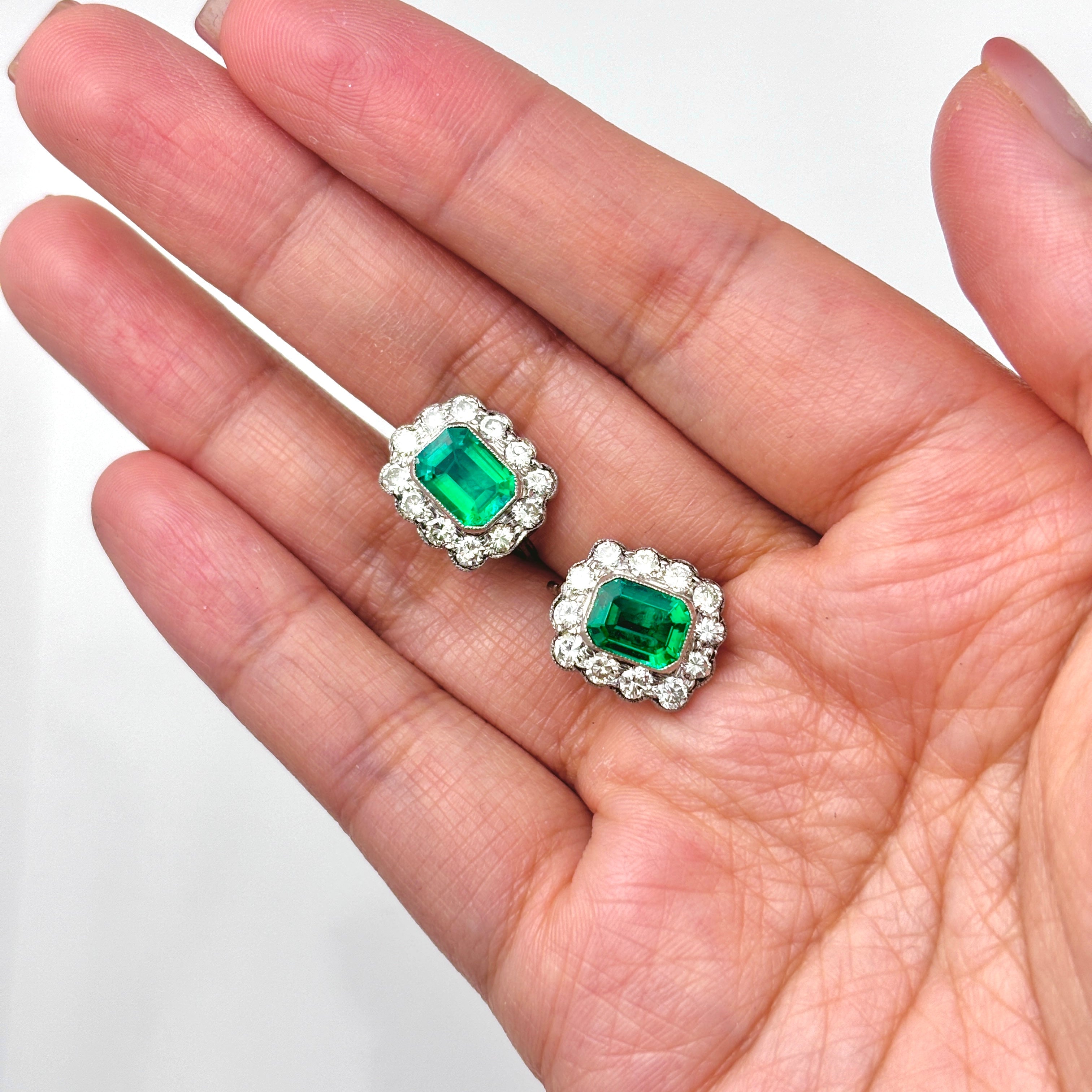 Platinum Synthetic Emerald and Diamond Stud Earrings | 3.28ctw Emerald & 1.33ctw Diamond | 1.2x1.3cm Elegant Jewelry for Women | Perfect for Weddings, Parties & Special Occasions