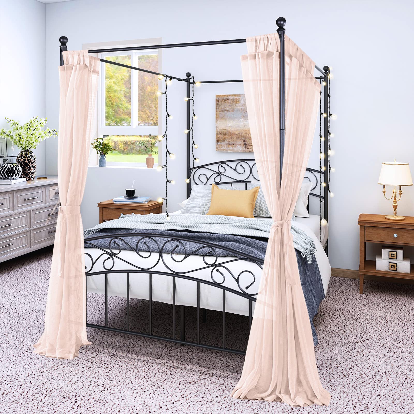 Full Canopy Bed Frame with Headboard & Footboard - Black Metal Platform Bed with 4 Posts - Noise-Free, Easy Assembly - Perfect for Master Bedroom, Guest Room or Bohemian Bedroom Decor