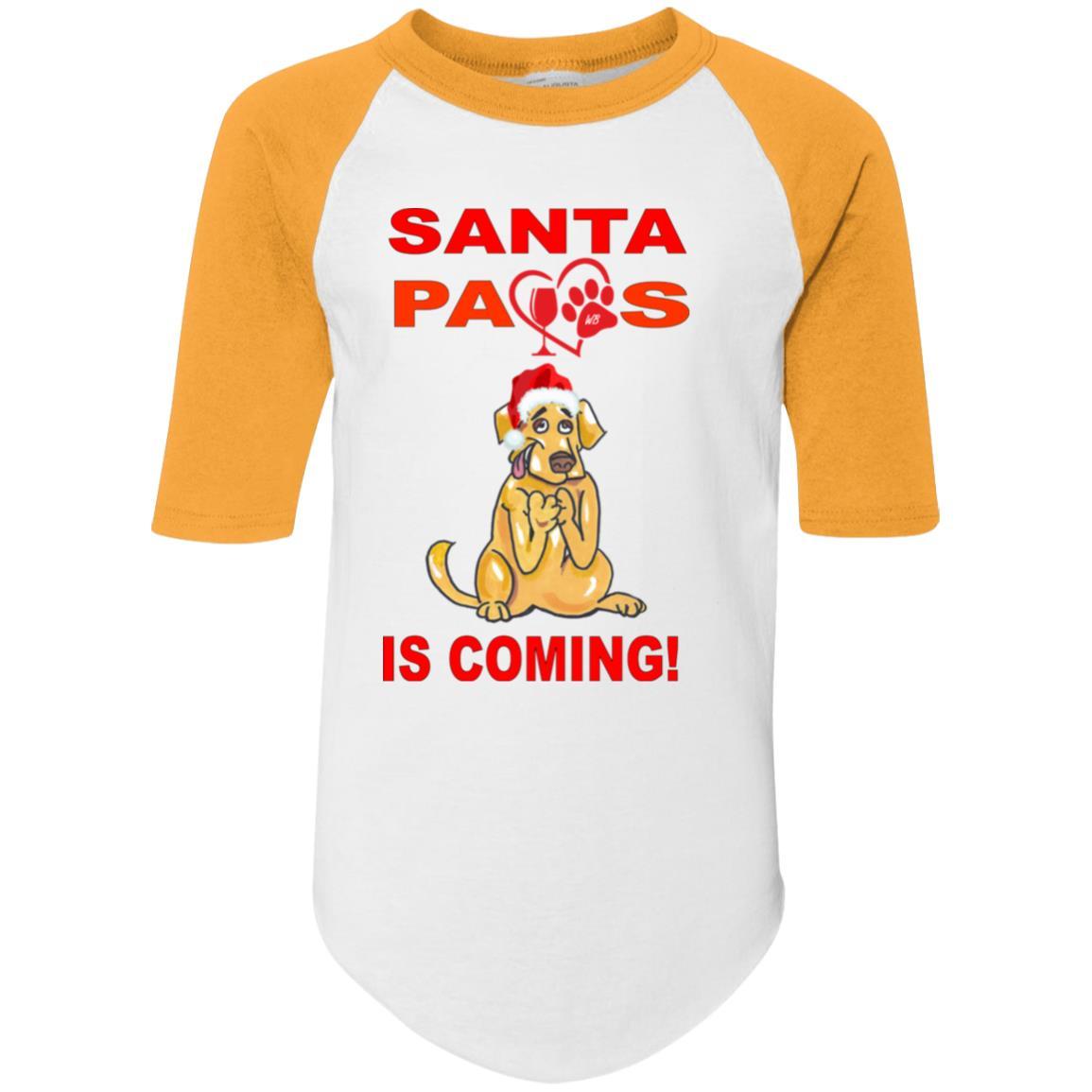 Santa Paws Is Coming - Youth Colorblock Raglan Jersey for Dogs | Christmas Pet Apparel | Holiday Photo Outfits & Festive Dress Up