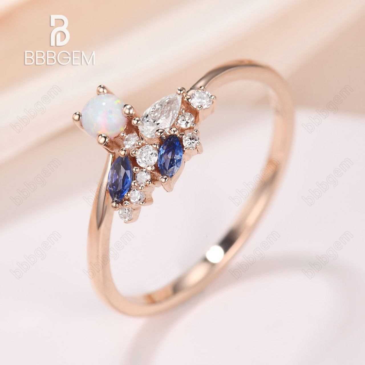 Exquisite Curved Opal Sapphire Diamond Engagement Ring in Rose Gold - Perfect for Proposals, Anniversaries & Romantic Occasions
