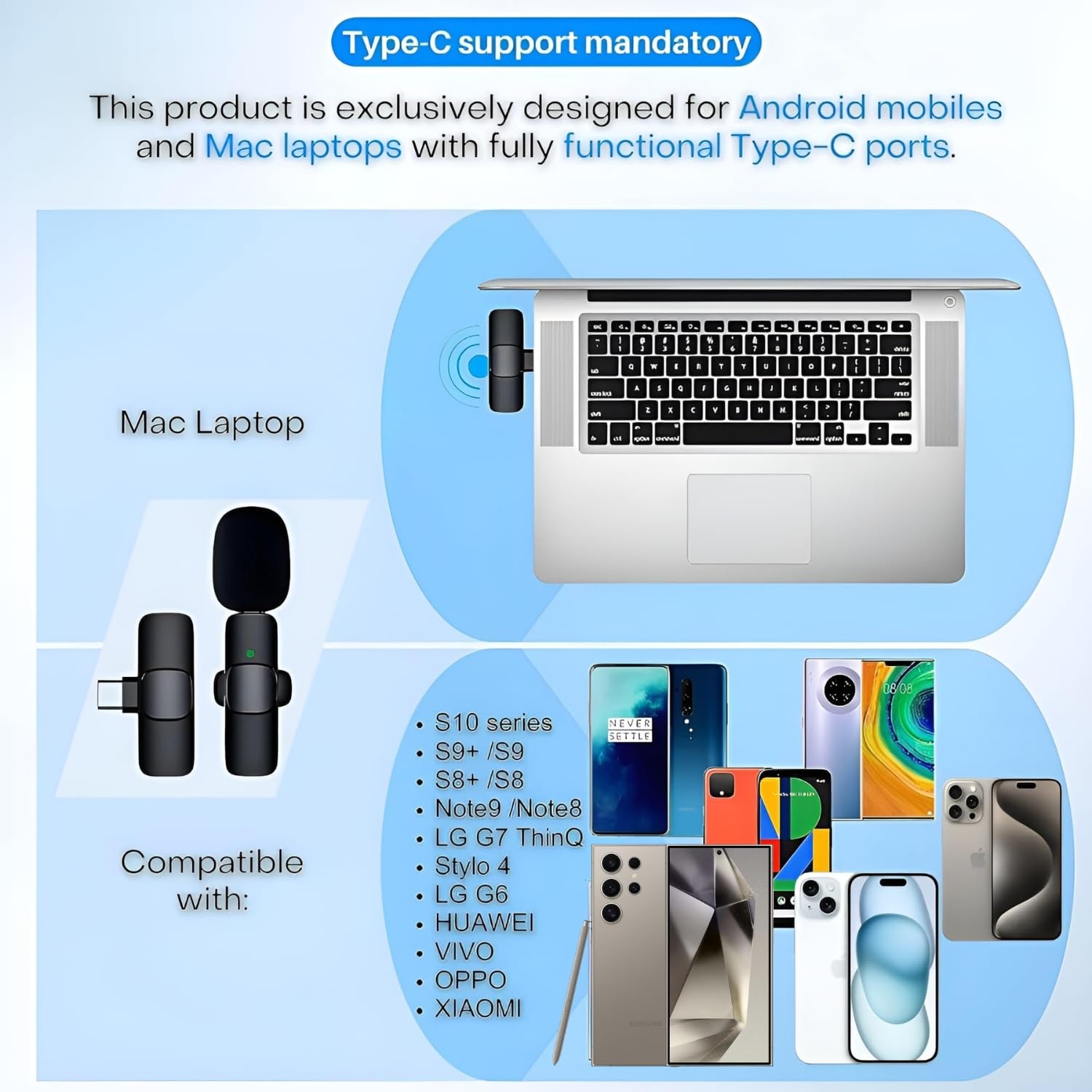 Wireless Lavalier Microphone for iPhone 15 & Samsung S24 - USB-C Microphone for Android - 2-in-1 Clip-on Mic for Video Recording, TikTok, YouTube, Live Streaming & Podcasting