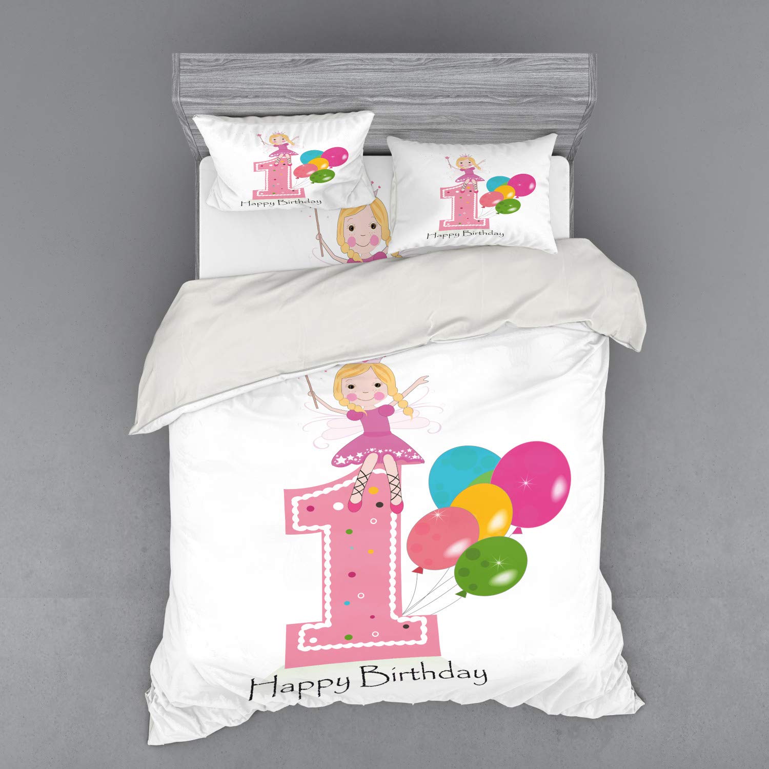 Ambesonne 1st Birthday Duvet Cover Set - Cartoon Party Theme with Pink Wand & Balloons - 4 Piece California King Bedding Set with Shams & Fitted Sheet - Pale Pink & Lilac - Perfect for Baby's First Birthday Party Decorations & Nursery Bedding