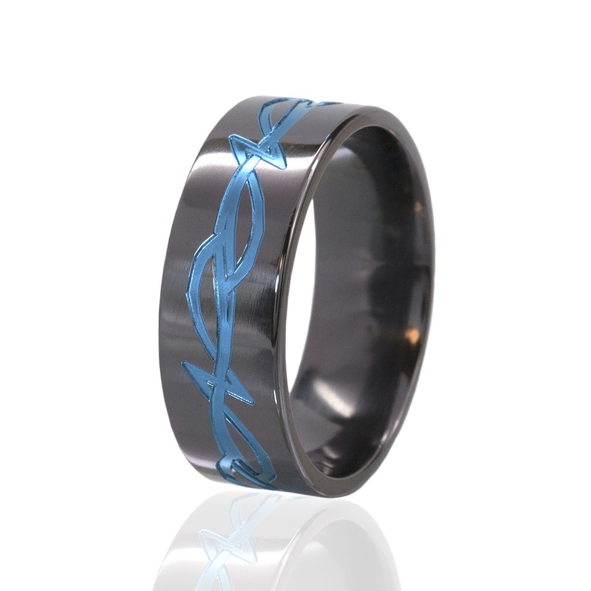 Blue Anodized Tribal Ring - Handcrafted Carved Black & Blue Tribal Tattoo Design Band - Unique Bohemian Jewelry for Men & Women - Perfect for Festivals, Raves, and Alternative Fashion