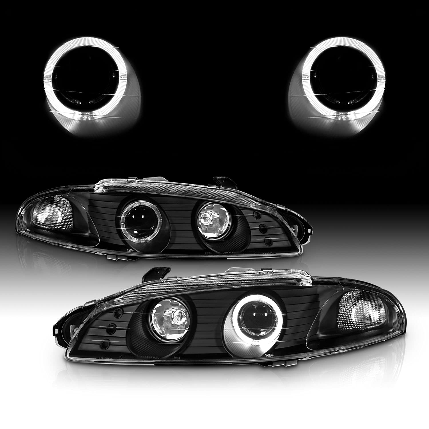 AmeriLite G2 Projector Headlights with Halo Ring - Black for Mitsubishi Eclipse (Passenger & Driver Side) | High-Performance LED Lighting for Night Driving & Car Customization