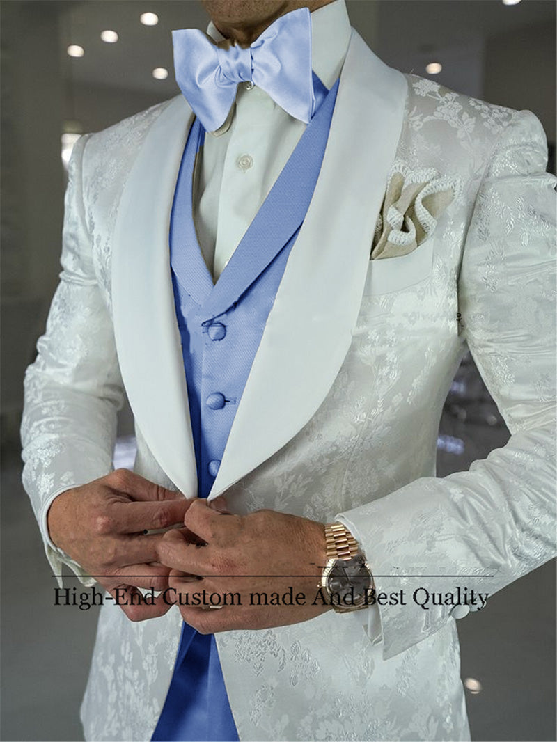 Elegant Ivory Jacquard Floral Pattern Groom Tuxedo Suit Set with Red Wine Accent - 3 Piece Formal Wedding Attire for Groomsmen, Bridegroom & Special Occasions