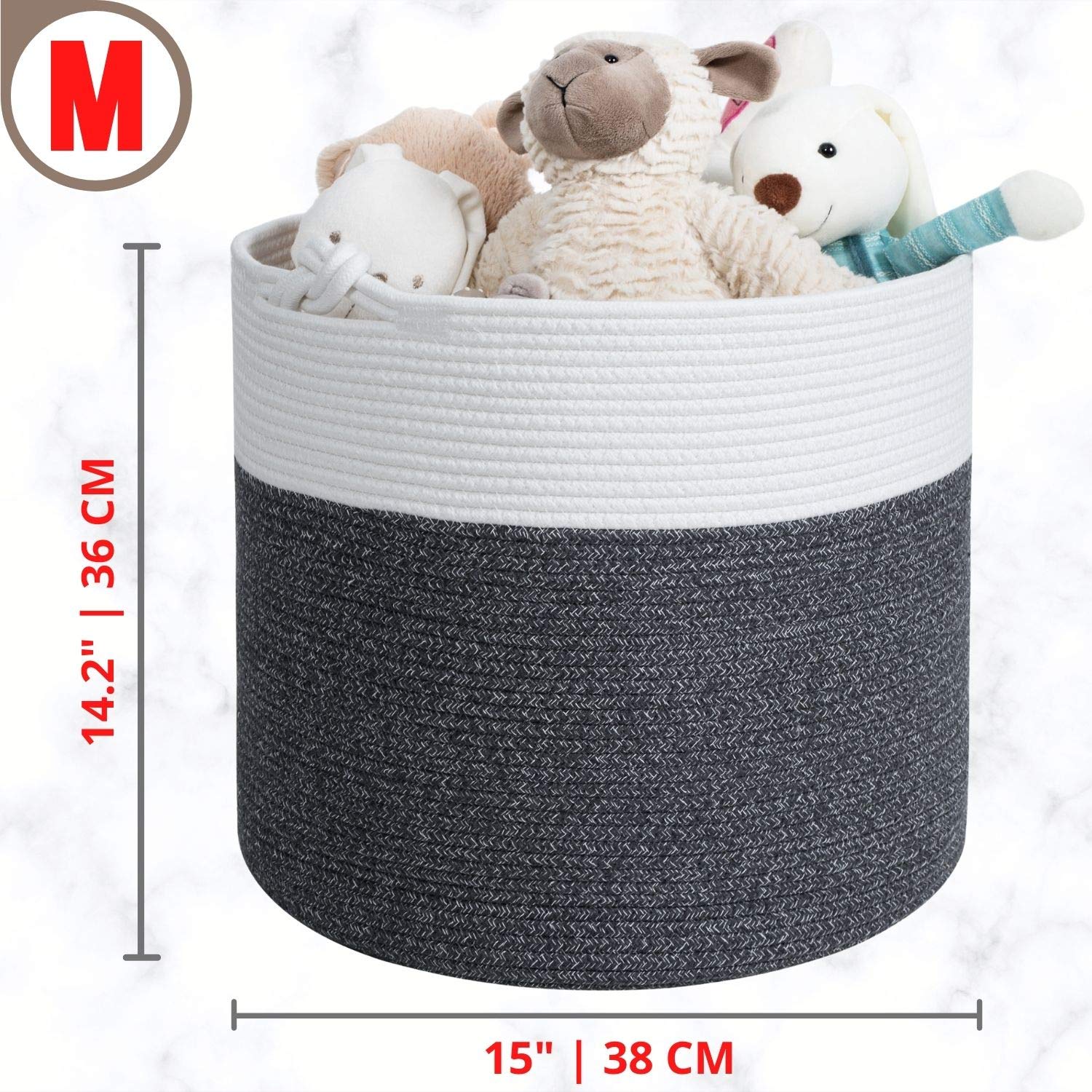 MINTWOOD 15 x 14.2 Inch Woven Cotton Rope Storage Basket - Multi-Purpose Organizer for Toys, Laundry, Nursery, Blankets & Pet Supplies (Moonlight Grey) | Perfect for Home Decor, Baby Room & Closet Organization