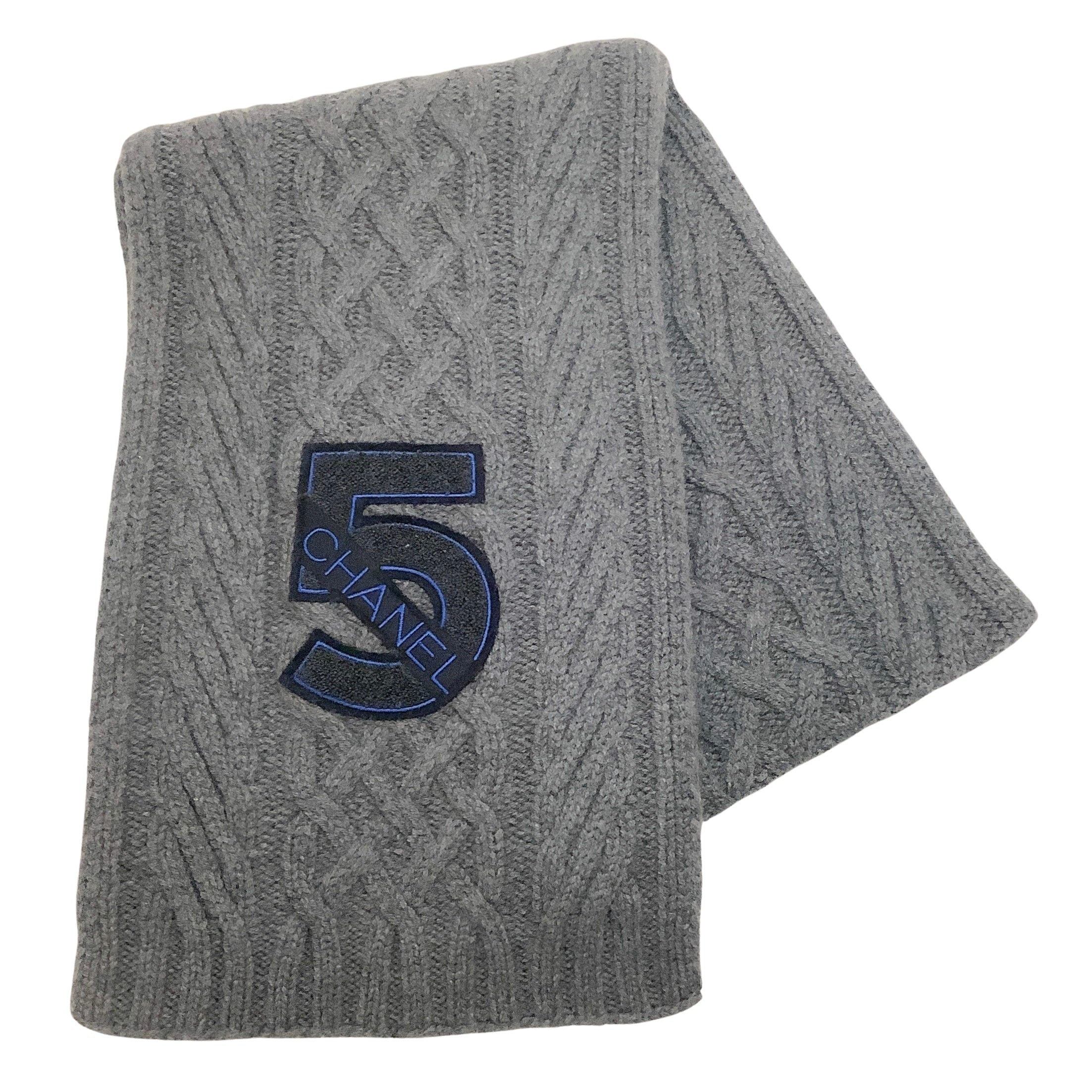 Chanel 2009 Gray Cashmere Cable Knit No.5 Scarf - Luxury Winter Fashion Accessory for Women, Perfect for Cold Weather & Holiday Gifts