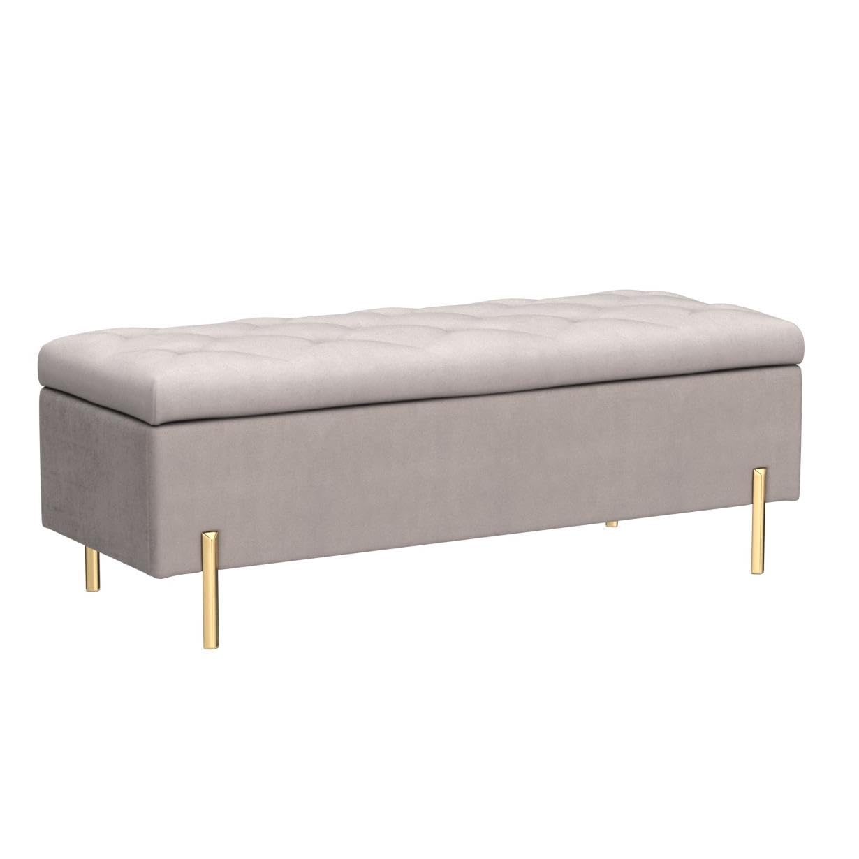 Velvet Upholstered Tufted Storage Bench with Gold Legs - Gray Rectangular Ottoman for Bedroom, Living Room & Entryway - Perfect for Extra Seating, Shoe Storage & Home Decor